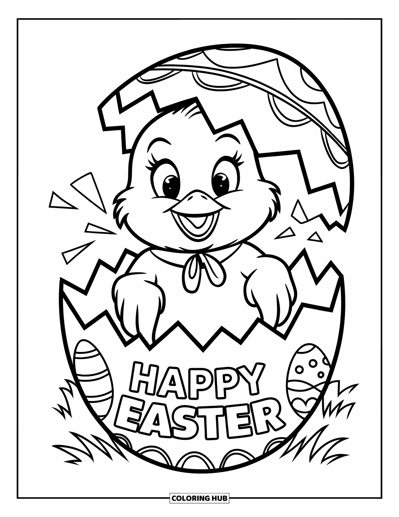 Happy Easter Coloring Page for Kids: Chick with a ribbon pops out of a cracked egg that says "Happy Easter"