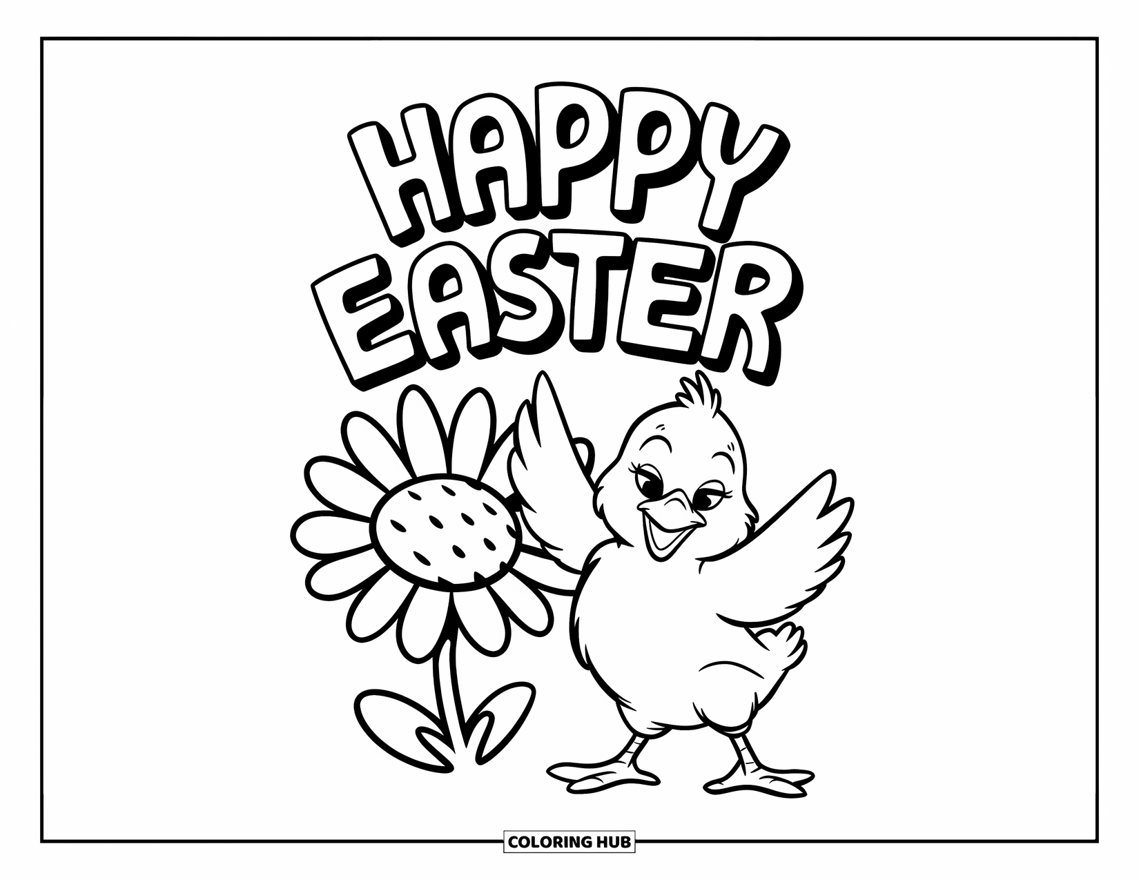 Happy Easter Coloring Page for Kids: Dancing chick stands next to a daisy and a fun Easter message