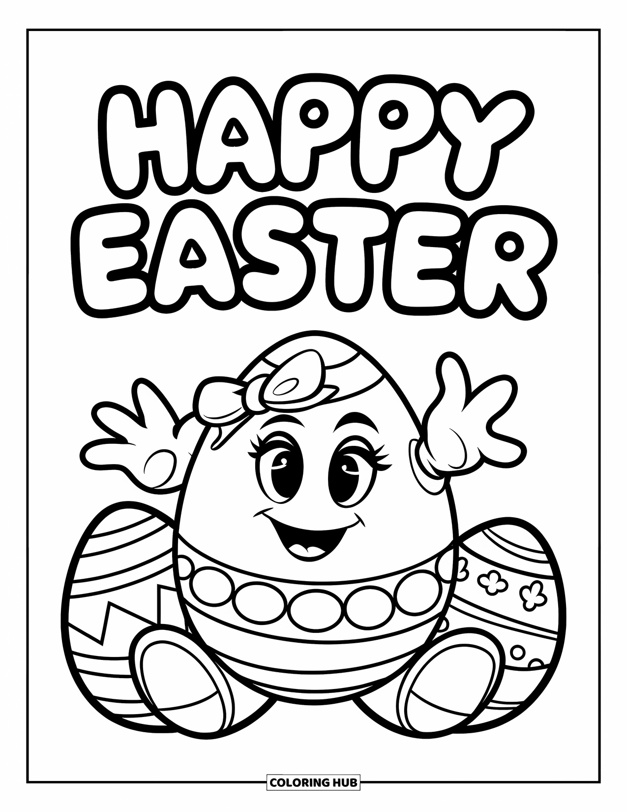 Happy Easter Coloring Page for Kids: Decorated Easter egg with a ribbon smiles under a fun Easter message