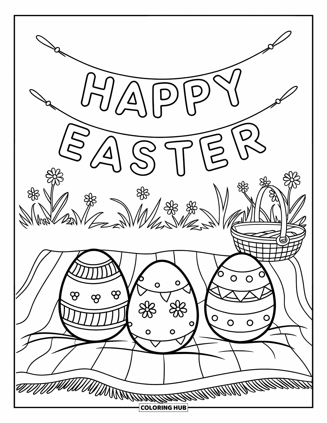 Happy Easter Coloring Page for Kids: Easter eggs on a picnic blanket with flowers and a cute little basket