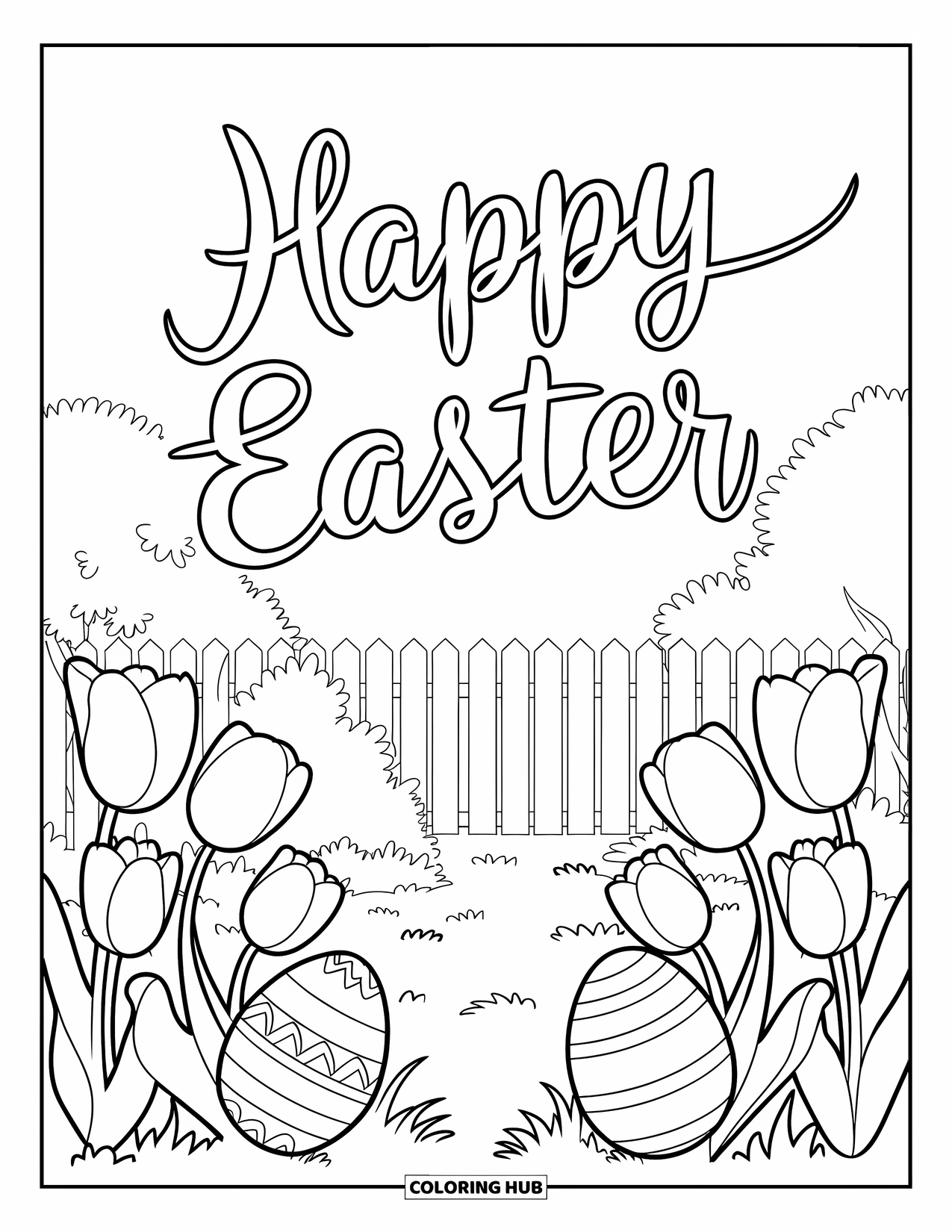Happy Easter Coloring Page for Kids: Egg-filled garden with tulips and "Happy Easter" above a gate