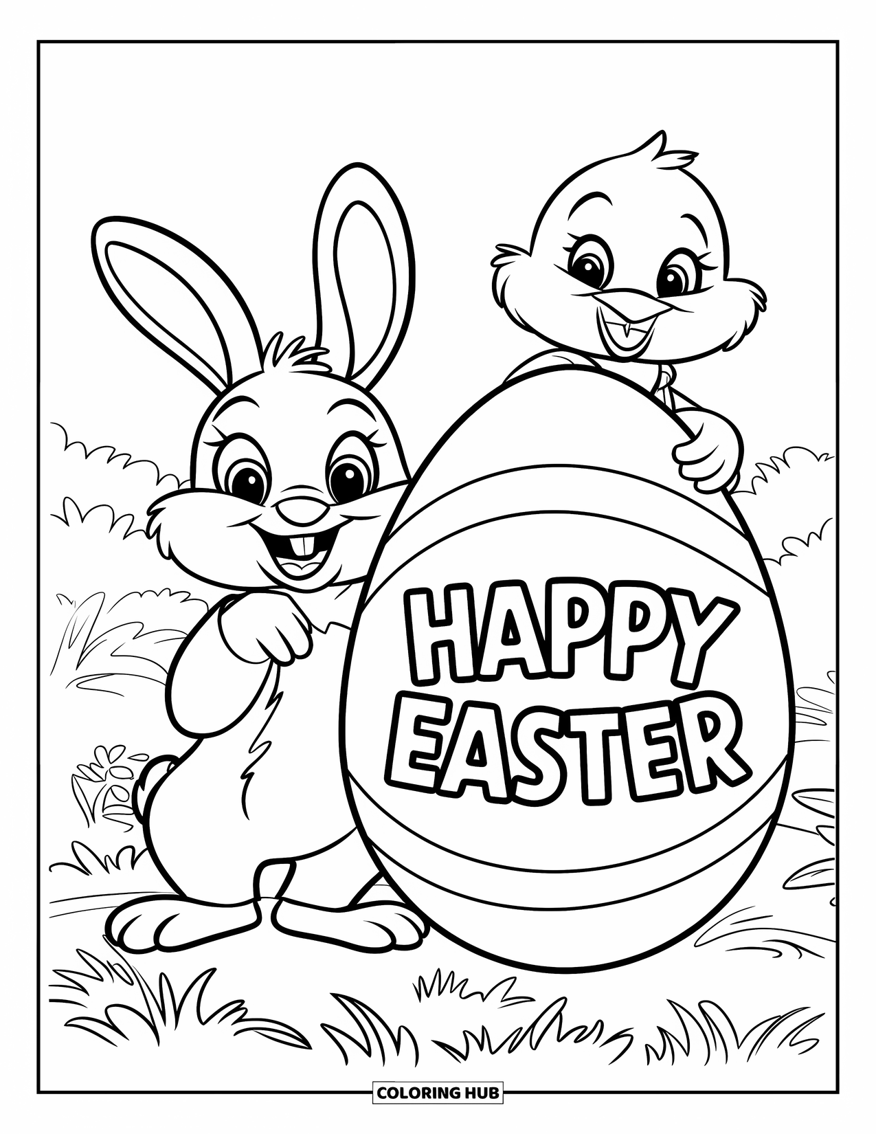 Happy Easter Coloring Page for Kids: Egg with a smiley face stands beside a happy bunny and chick