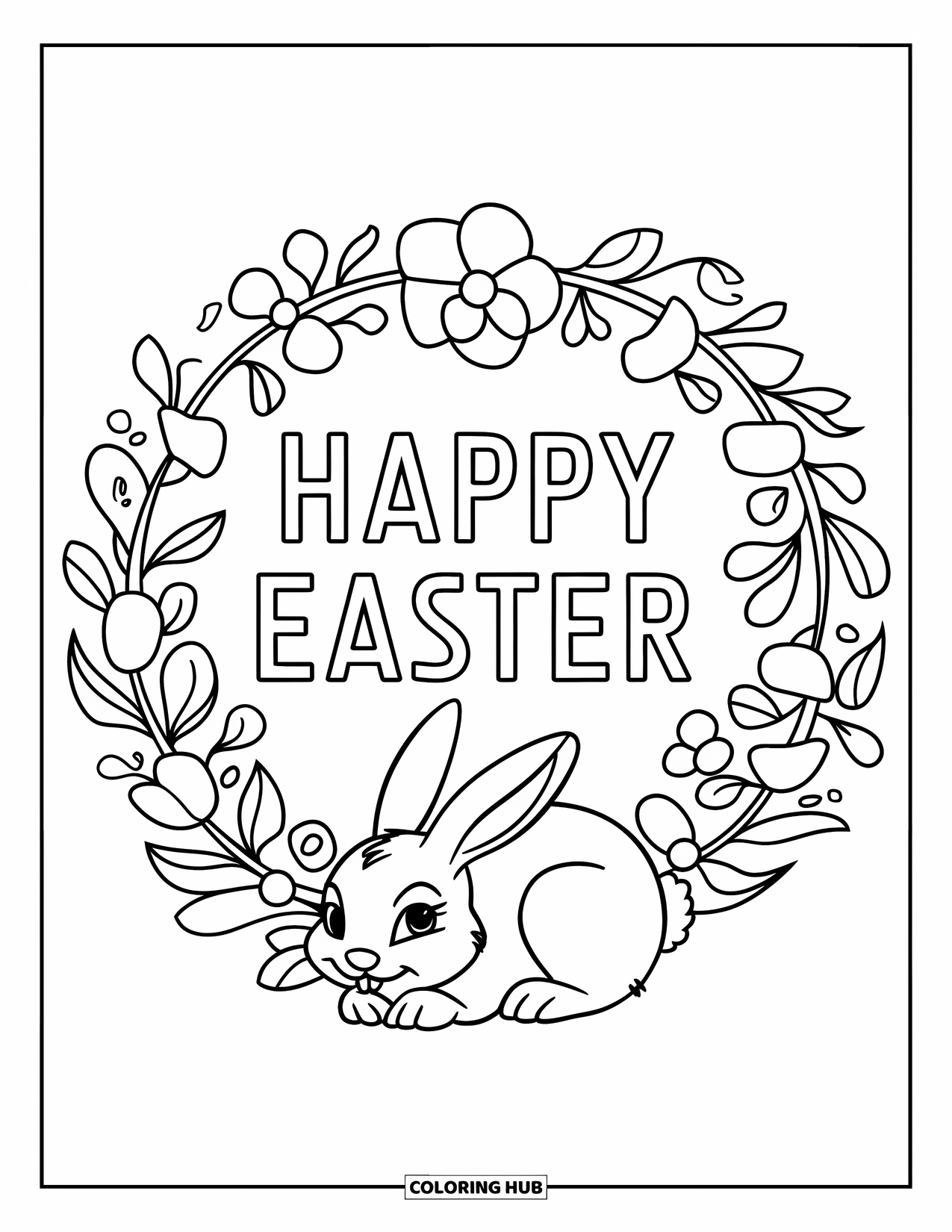 Happy Easter Coloring Page for Kids: Floral wreath with a bunny curled up and "Happy Easter" written inside