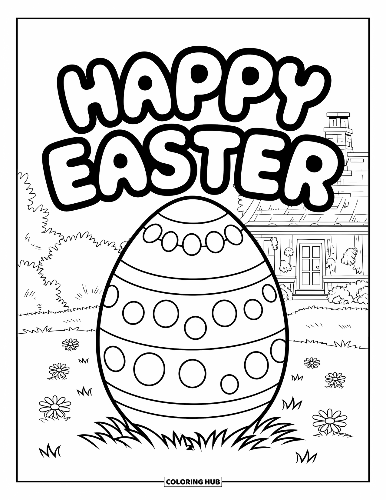 Happy Easter Coloring Page for Kids: Giant egg sits in a field with flowers and a house nearby