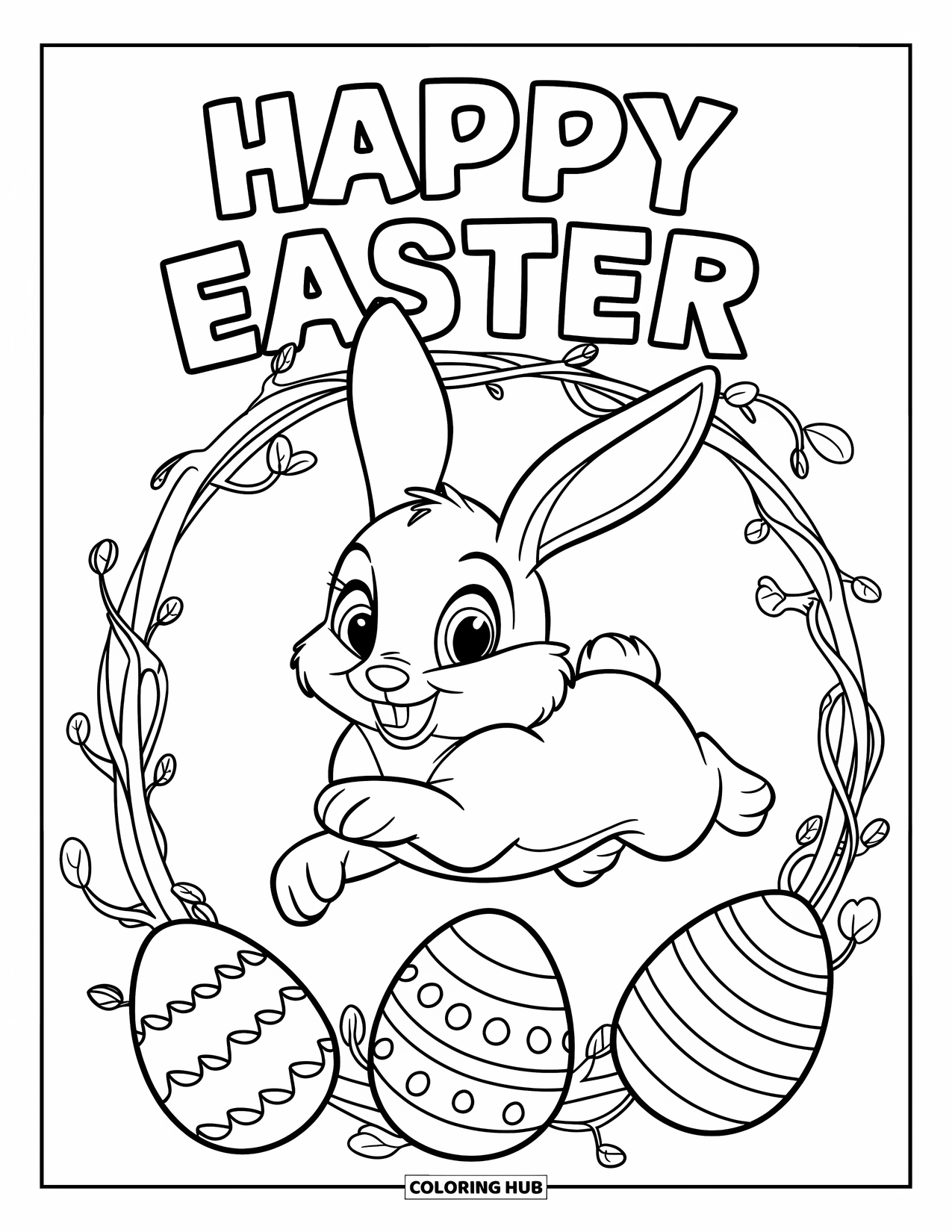 Happy Easter Coloring Page for Kids: Happy bunny jumps through an egg wreath with vines and a sign
