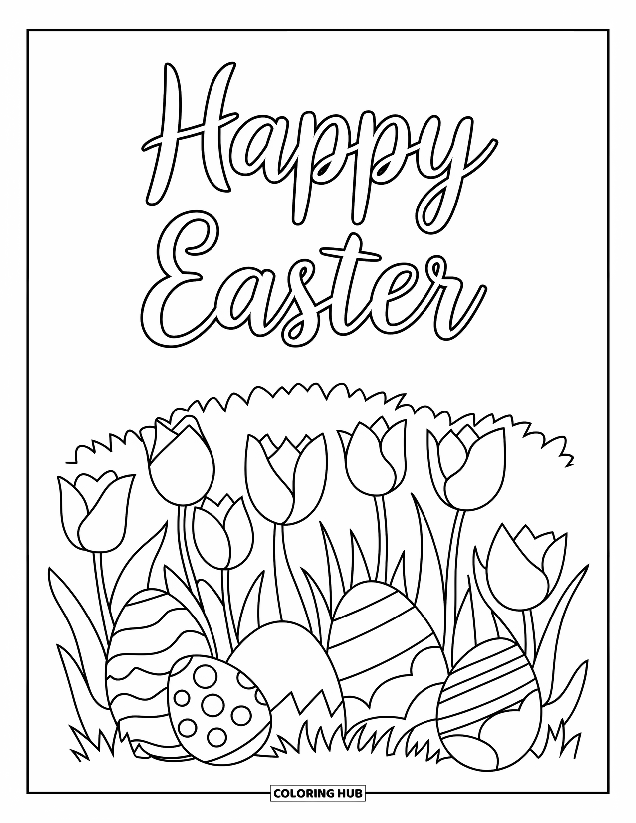 Happy Easter Coloring Page for Kids: "Happy Easter" above a garden of tulips and hidden eggs