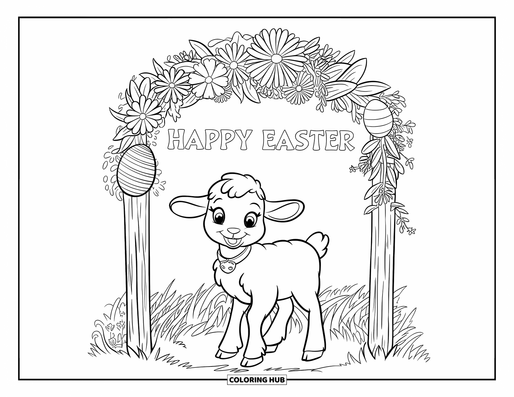 Happy Easter Coloring Page for Kids: Lamb in a collar stands happily under a flower arch