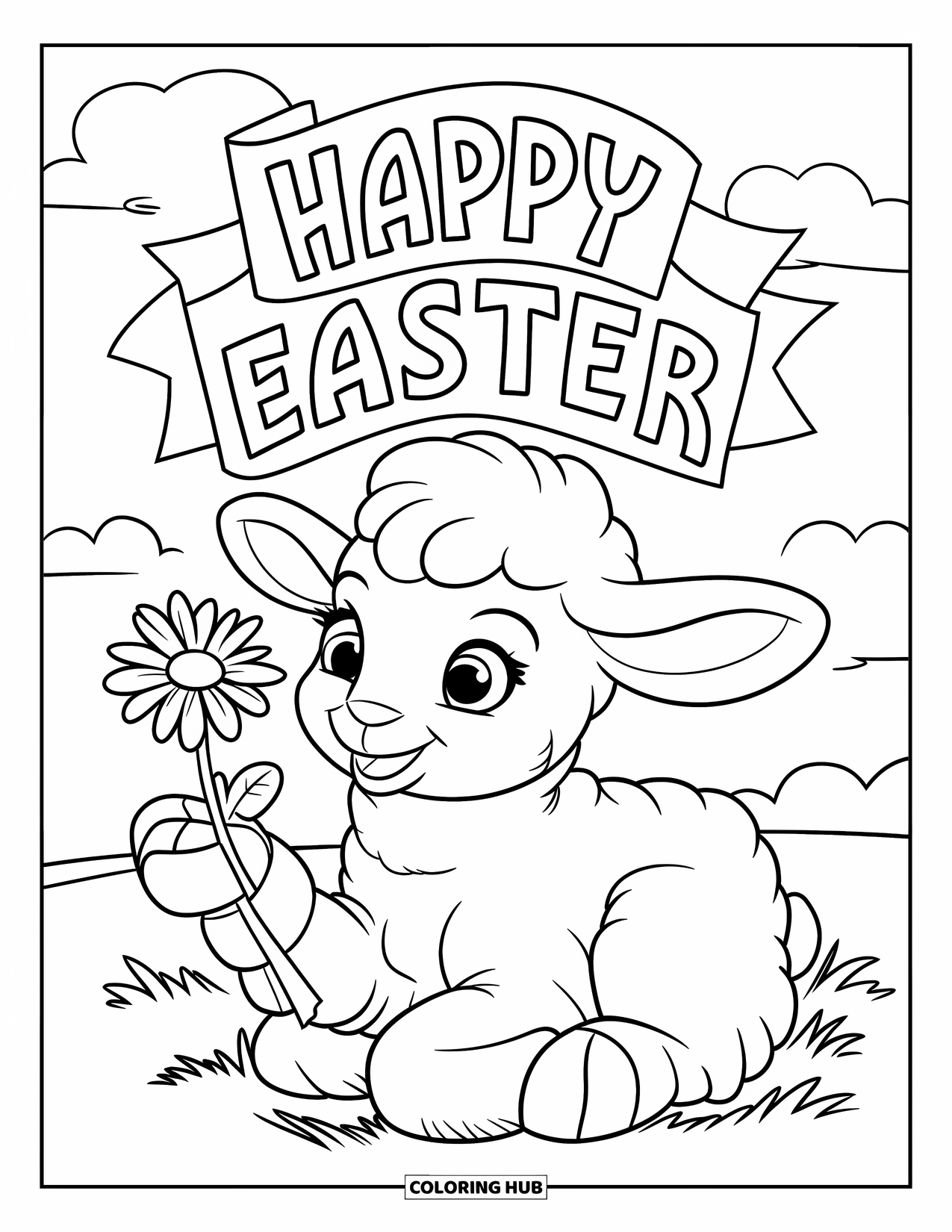 Happy Easter Coloring Page for Kids: Lamb sits on a green field holding a daisy and smiling