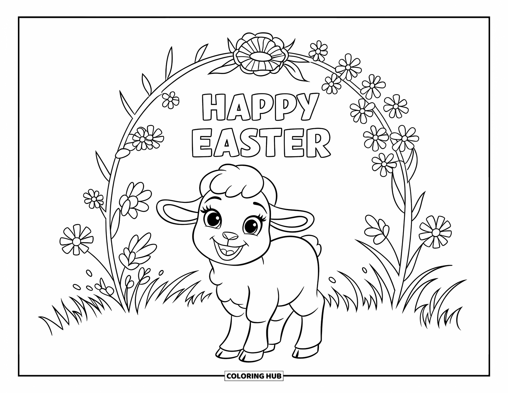 Happy Easter Coloring Page for Kids: Lamb smiles under a flower arch with "Happy Easter" on top