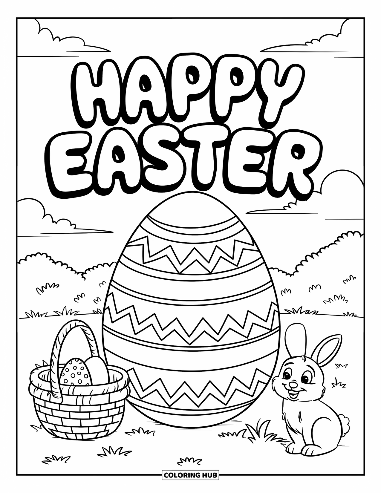 Happy Easter Coloring Page for Kids: Large decorated egg sits under a sky with Easter wishes and a basket
