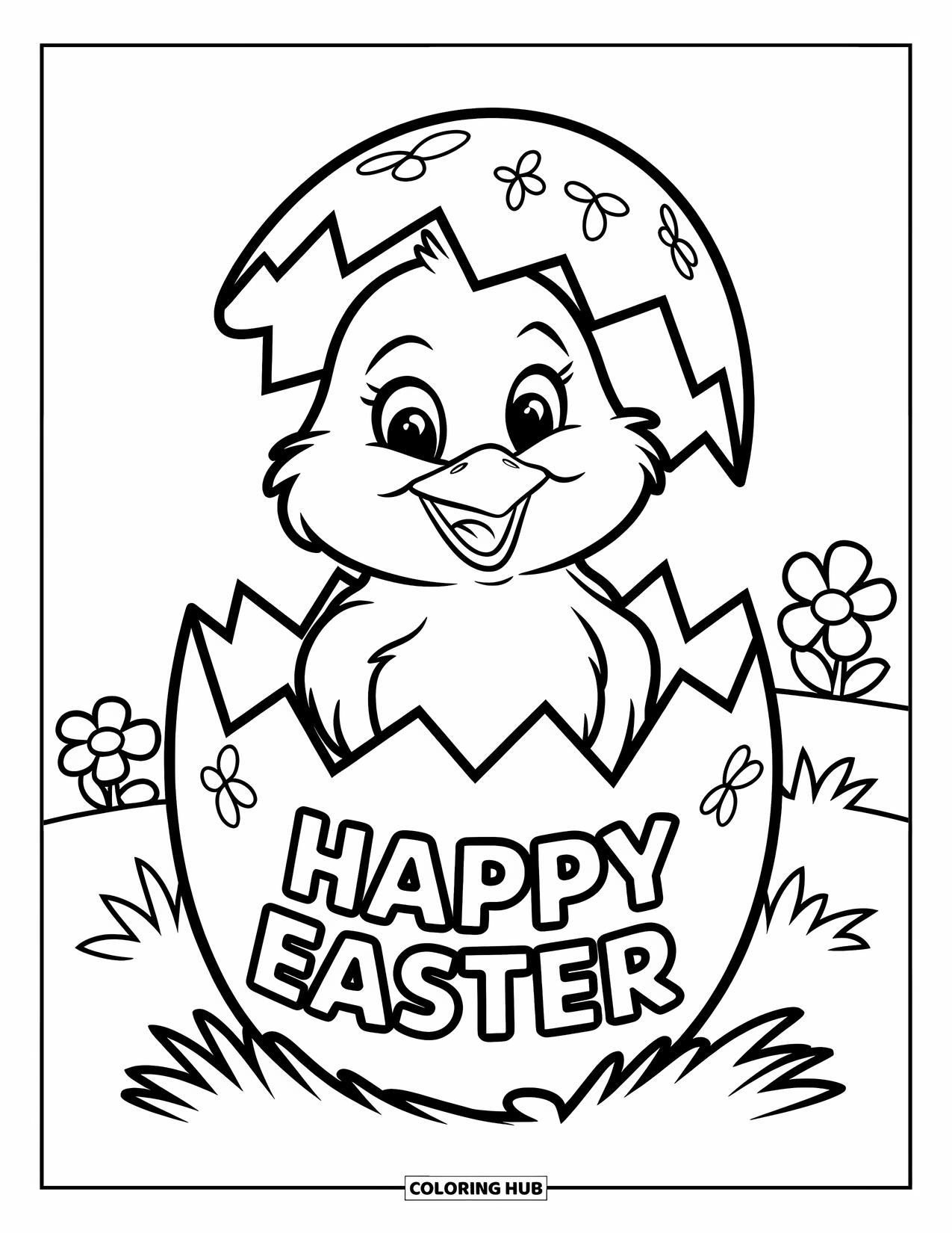 Happy Easter Coloring Page for Kids: Smiling chick hatches in a flowery field holding an Easter greeting