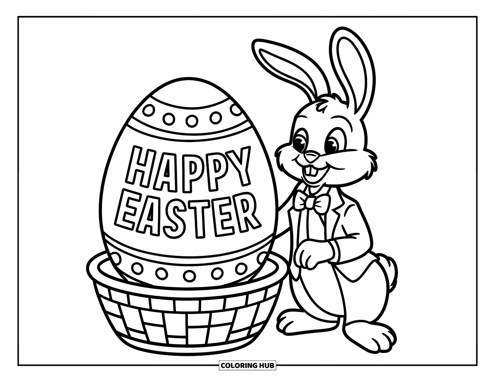 Happy Easter Coloring Page for Kids: Stylish bunny in a suit sits beside a big egg that says "Happy Easter"