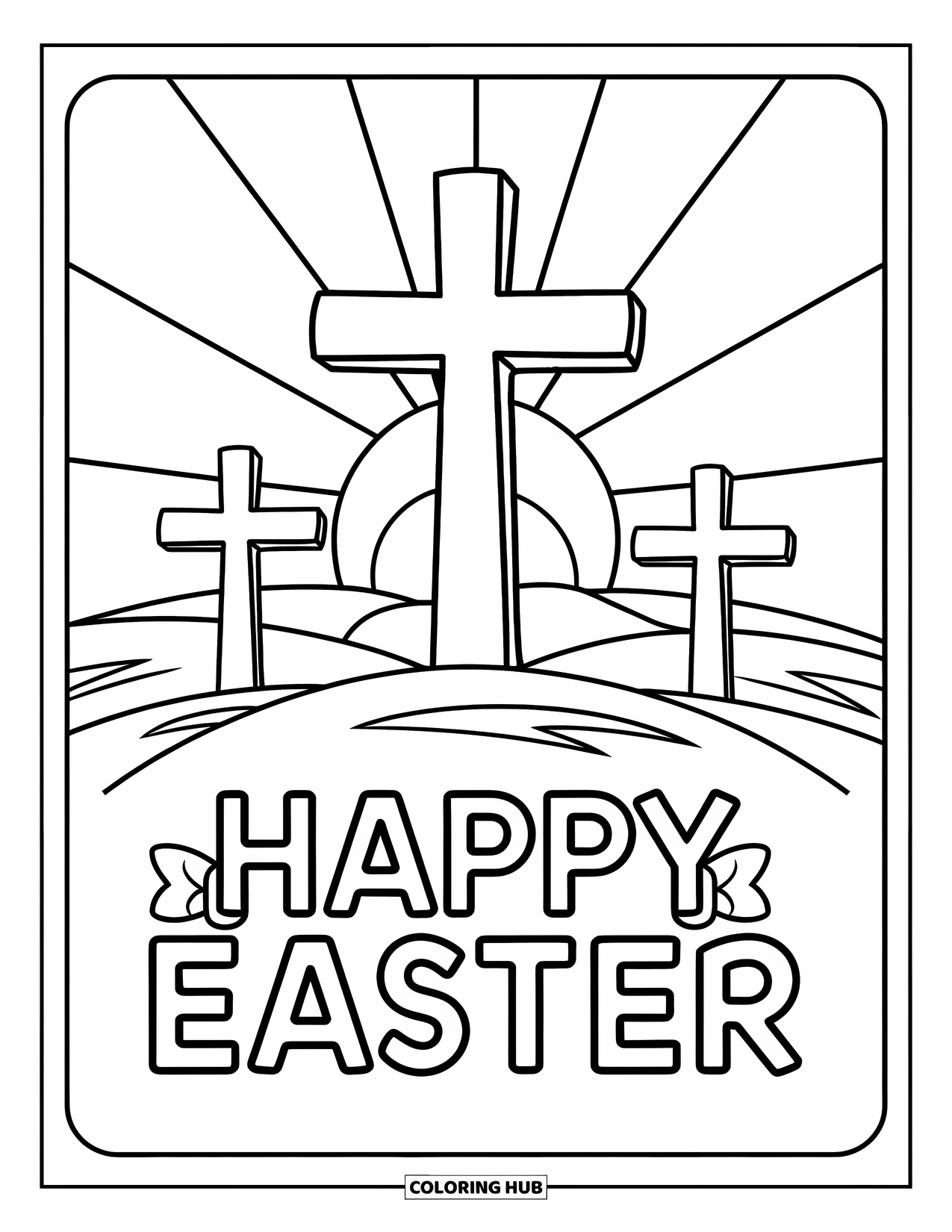 Happy Easter Coloring Page for Kids: Three crosses rise at sunrise with "Happy Easter" ribbon beneath