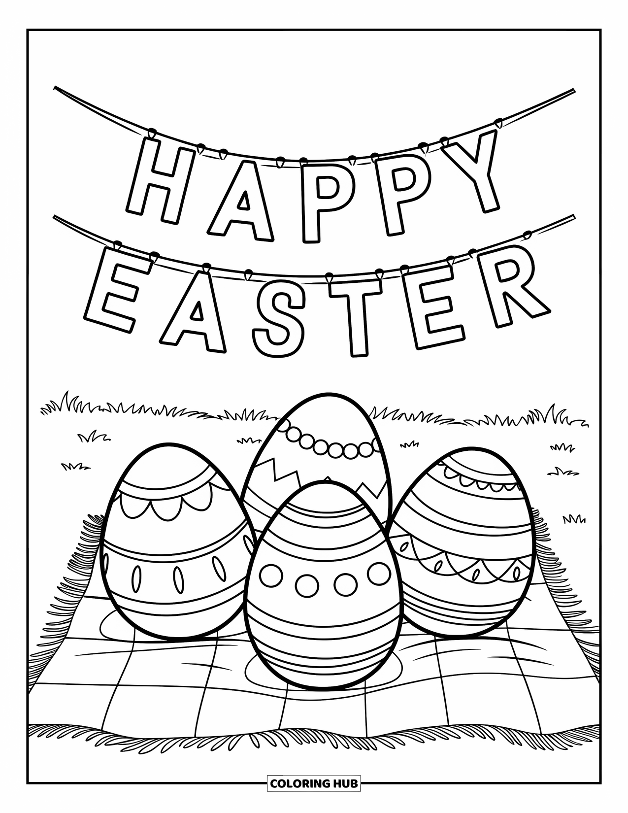 Happy Easter Coloring Page for Kids: Three Easter eggs on a picnic blanket under a "Happy Easter" banner