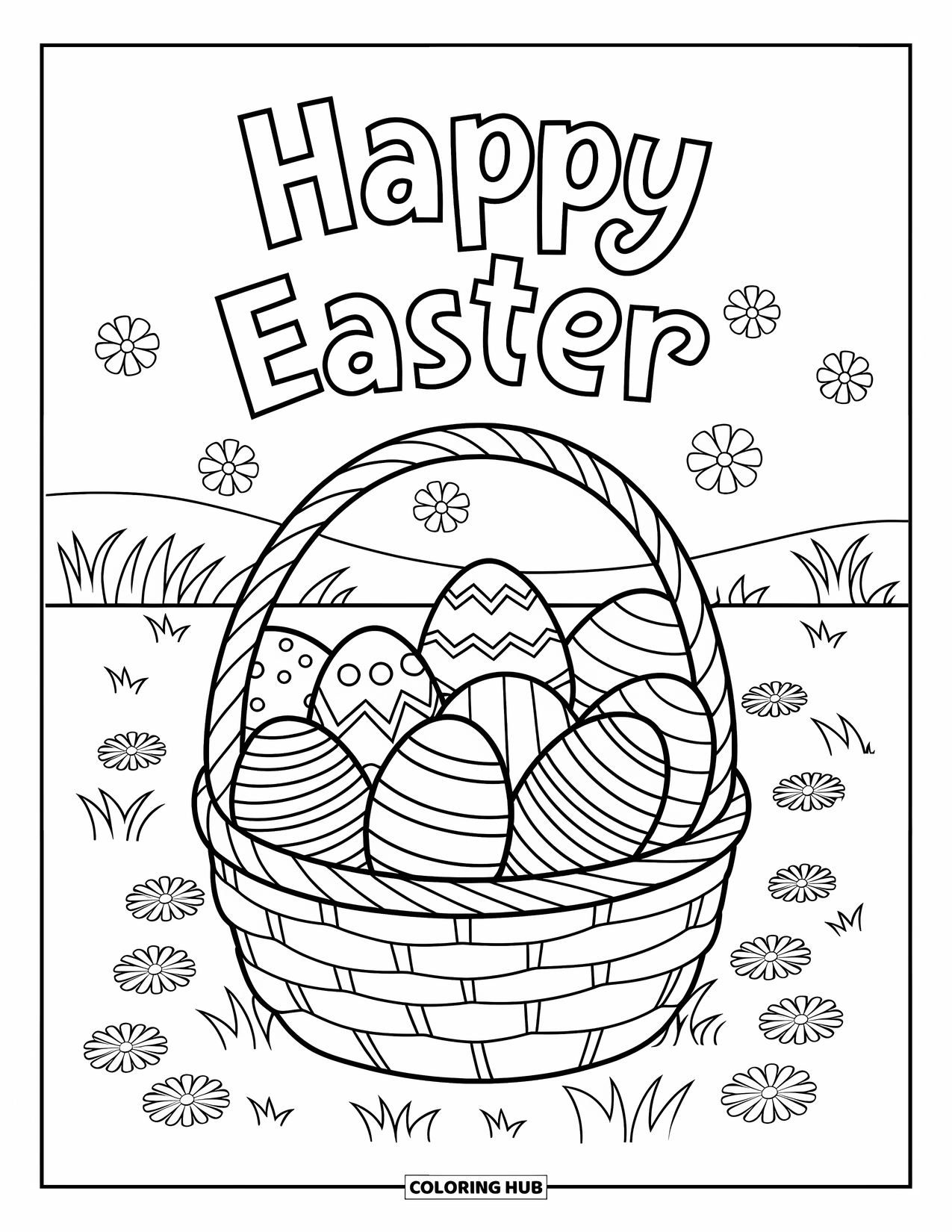 Happy Easter Coloring Page for Kids: Woven basket holds Easter eggs with flowers and a "Happy Easter" sign