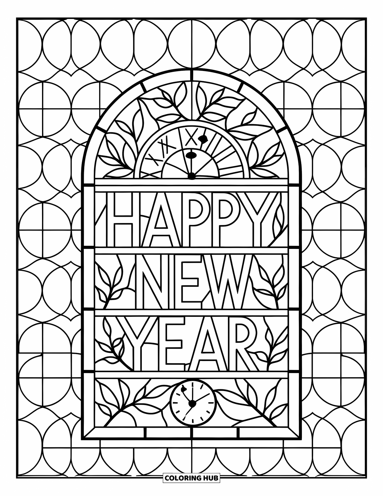 Happy New Year Coloring Page for Adults: Arched stained glass window with New Year clocks and leaves