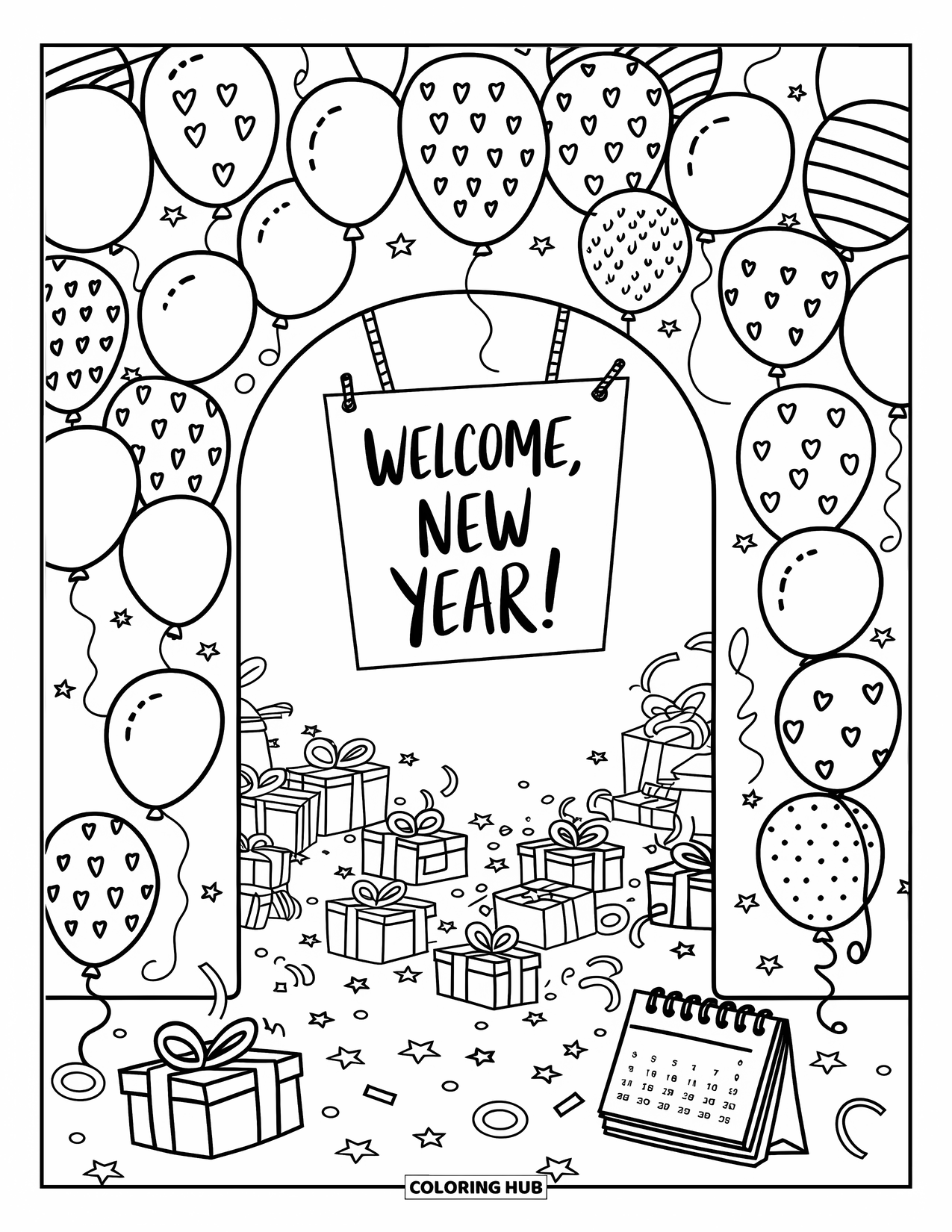 Happy New Year Coloring Page for Adults: Balloon arch displays "Welcome, New Year!" above gifts and confetti