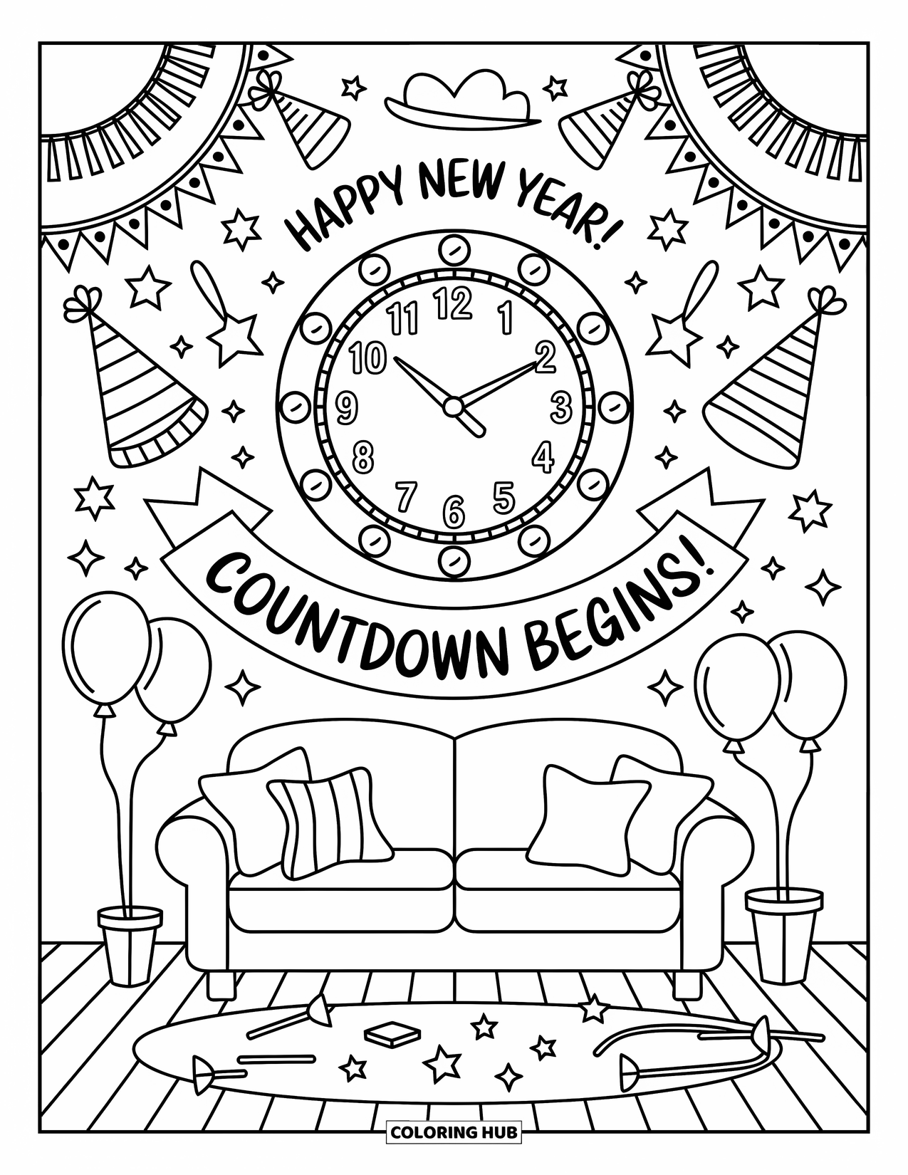 Happy New Year Coloring Page for Adults: Banner and clock mark the countdown with confetti and sparklers