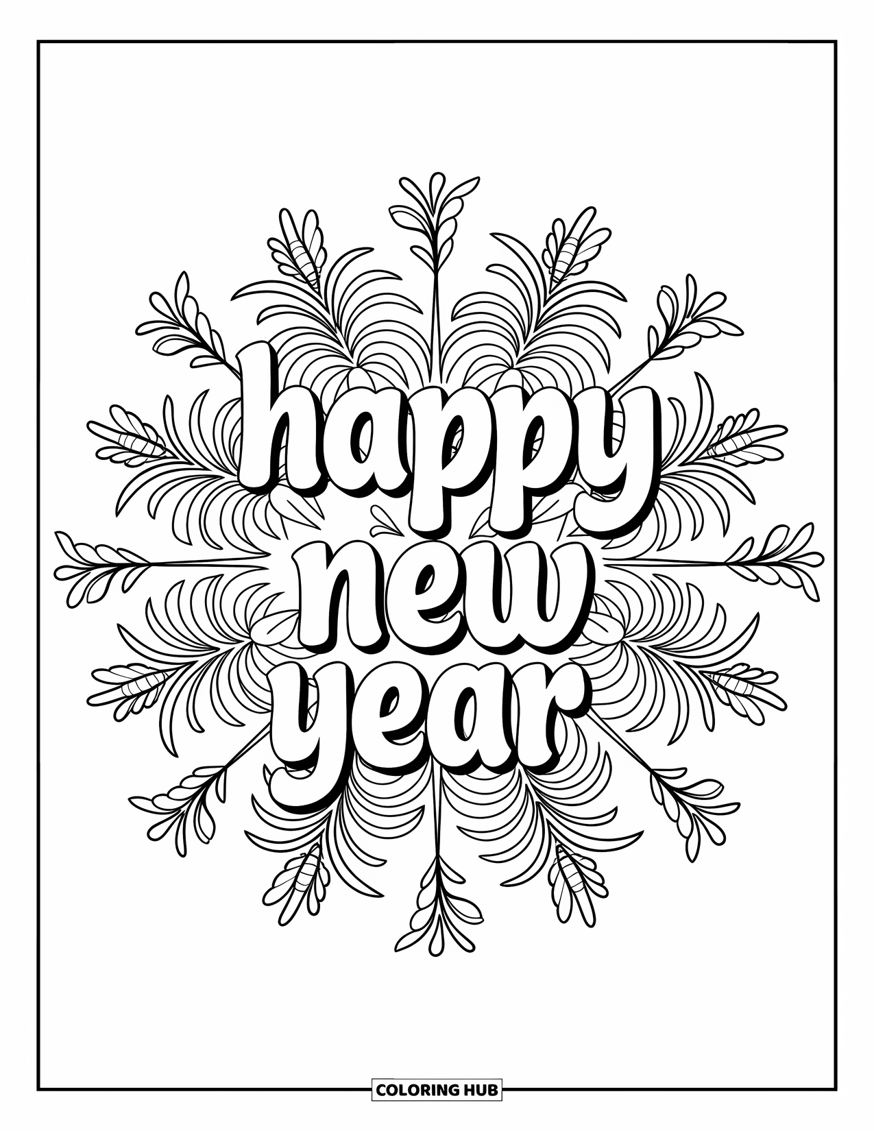 Happy New Year Coloring Page for Adults: Botanical mandala of fireworks and ivy frames New Year calligraphy