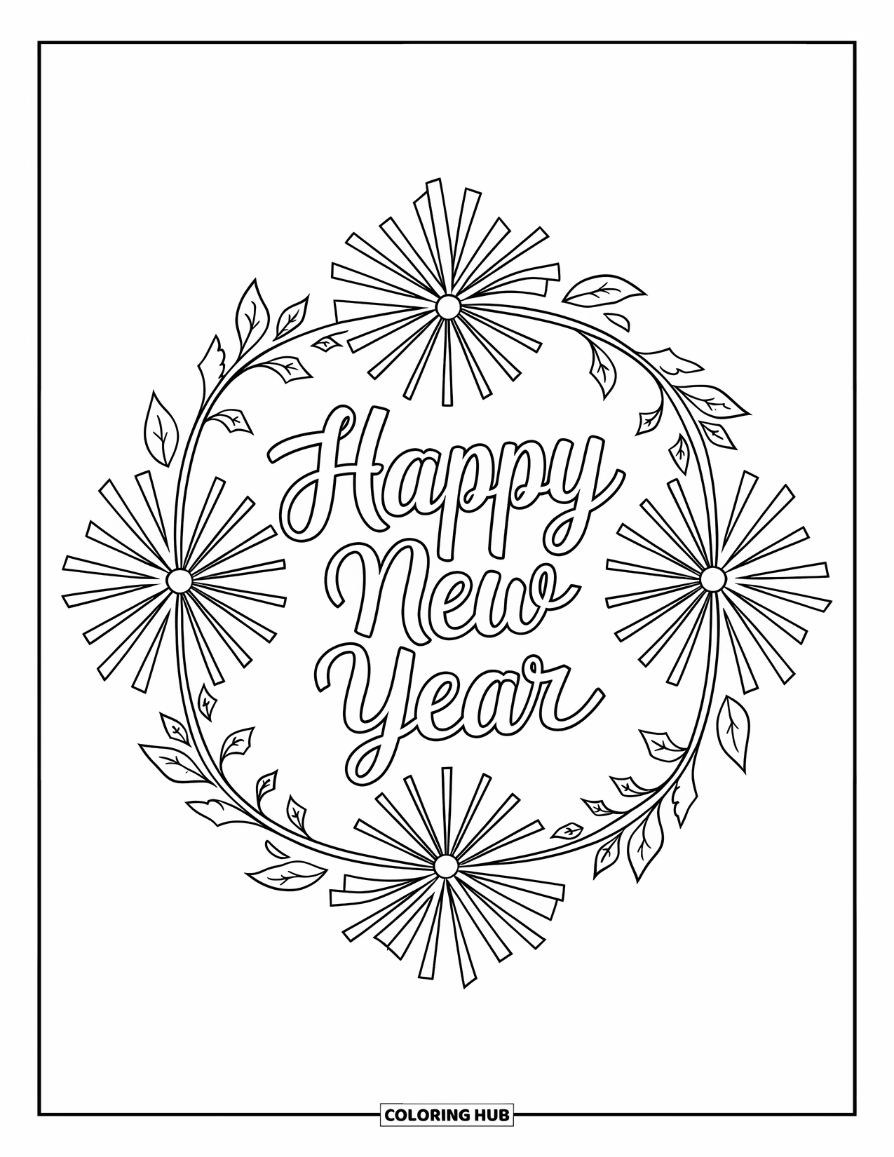 Happy New Year Coloring Page for Adults: Calligraphy "Happy New Year" surrounded by fireworks and ivy vines
