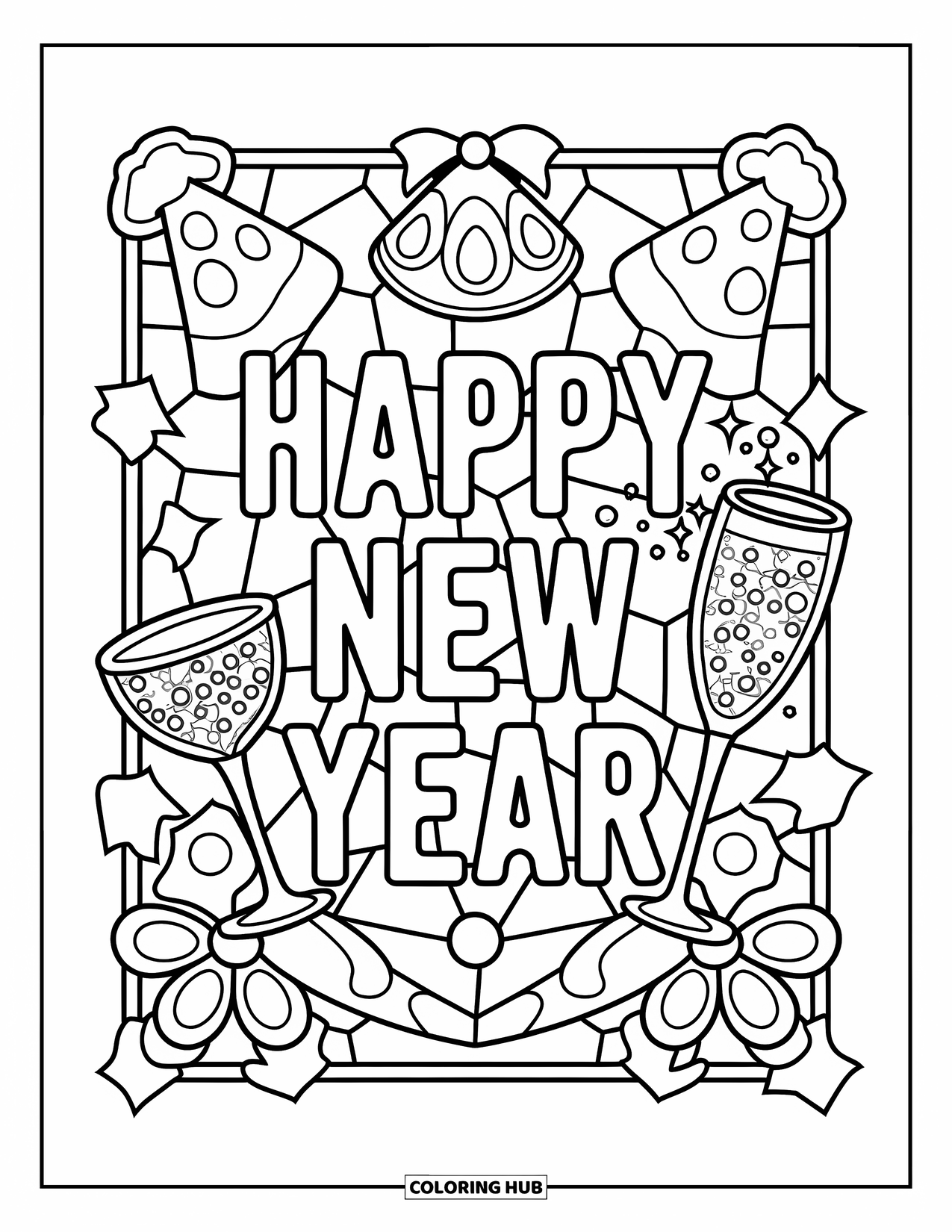 Happy New Year Coloring Page for Adults: Champagne and flowers decorate a rectangular New Year's stained glass
