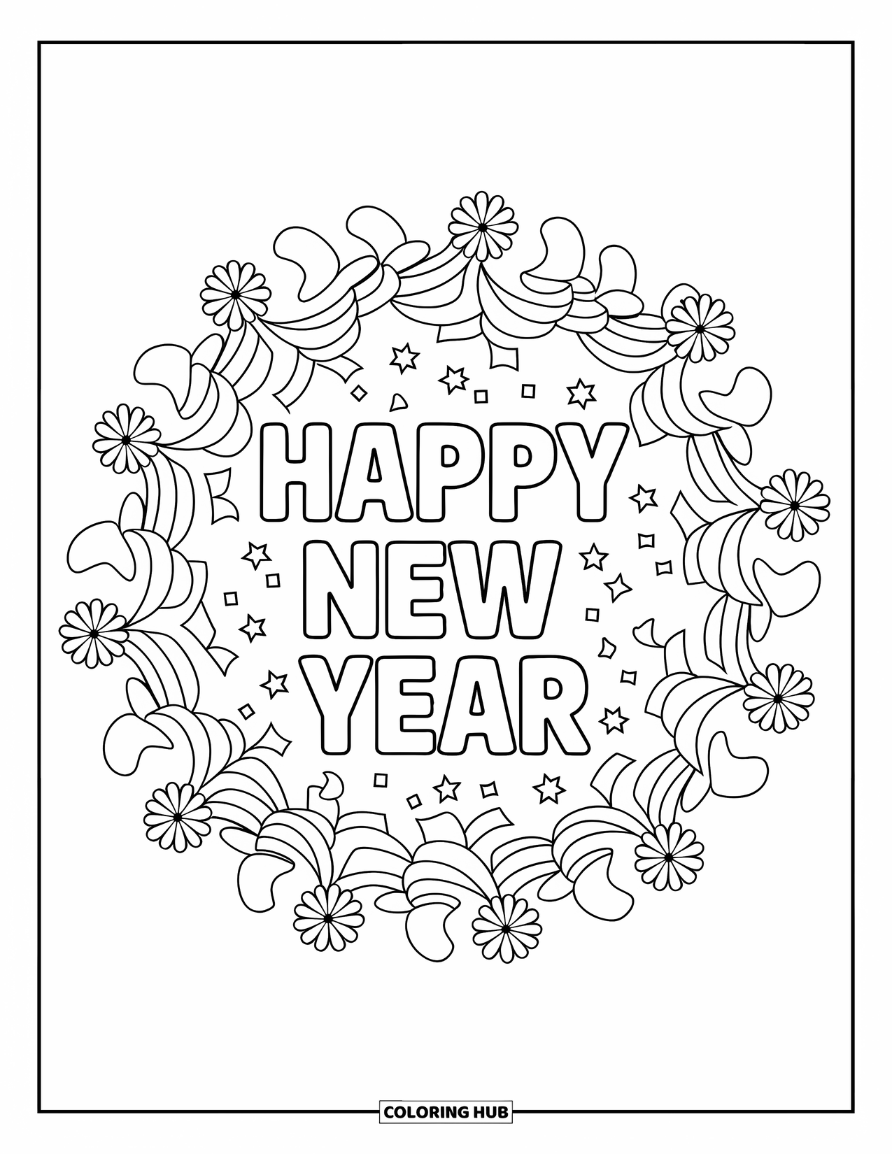 Happy New Year Coloring Page for Adults: Circular flower and confetti mandala surrounds a New Year greeting