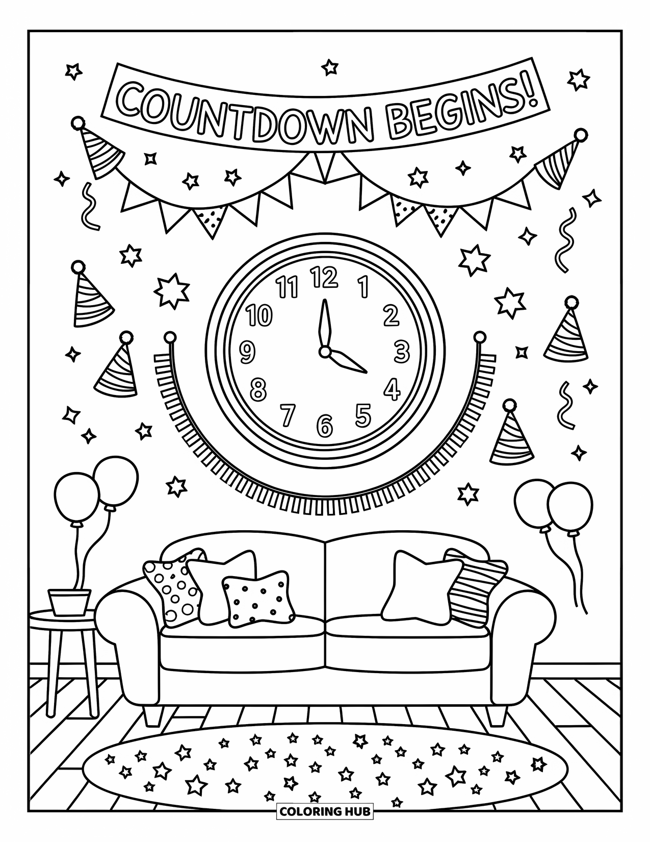 Happy New Year Coloring Page for Adults: Clock near midnight framed by hats, garlands, and balloons