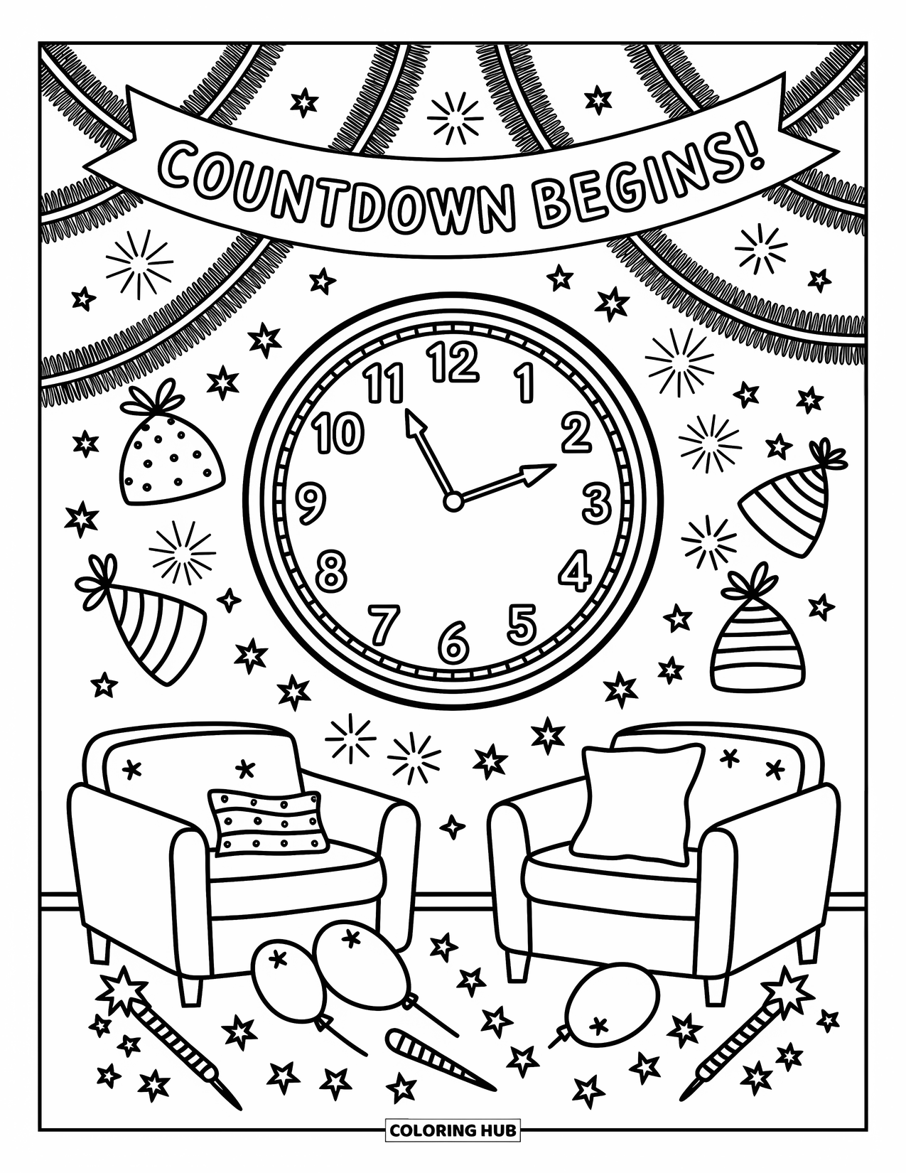 Happy New Year Coloring Page for Adults: Clock shows midnight surrounded by party horns and garlands
