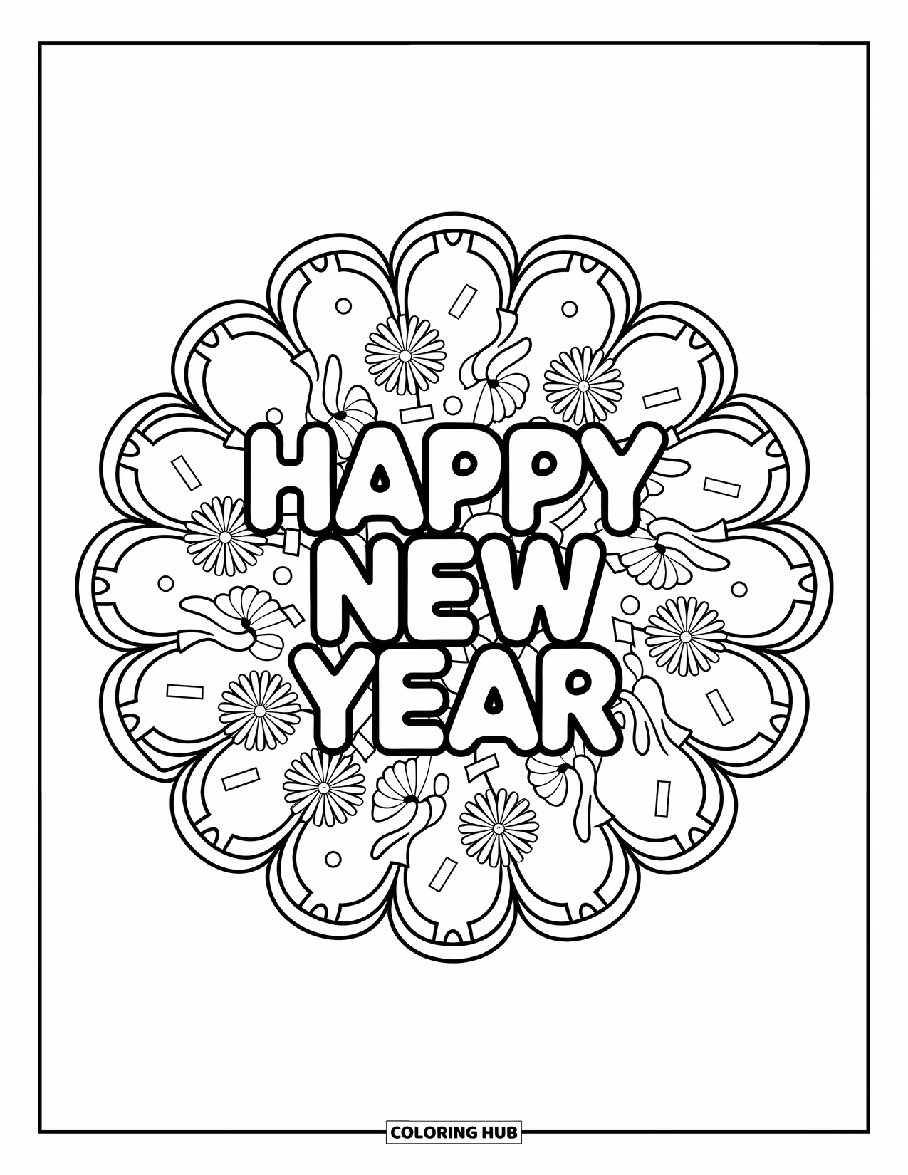 Happy New Year Coloring Page for Adults: Confetti and flower mandala with "Happy New Year" on top