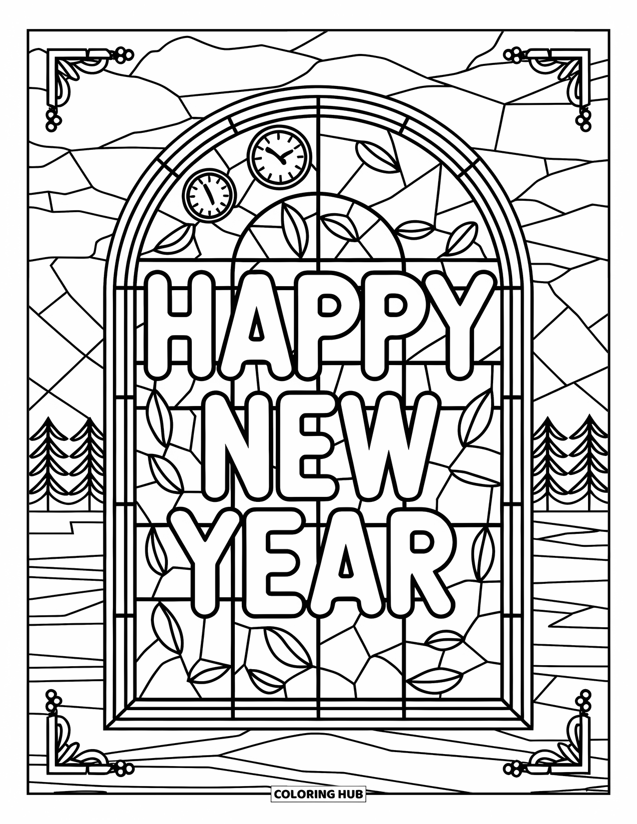 Happy New Year Coloring Page for Adults: Decorative stained glass arch with "Happy New Year" message