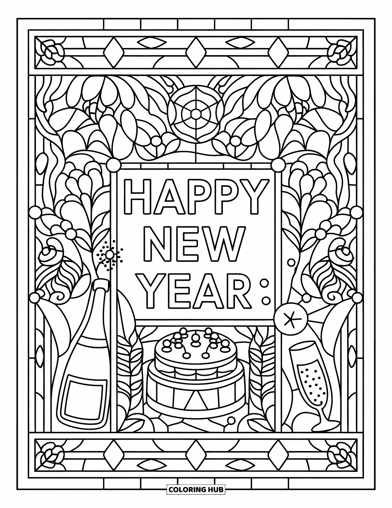 Happy New Year Coloring Page for Adults: Detailed panel of party motifs with "Happy New Year" inside