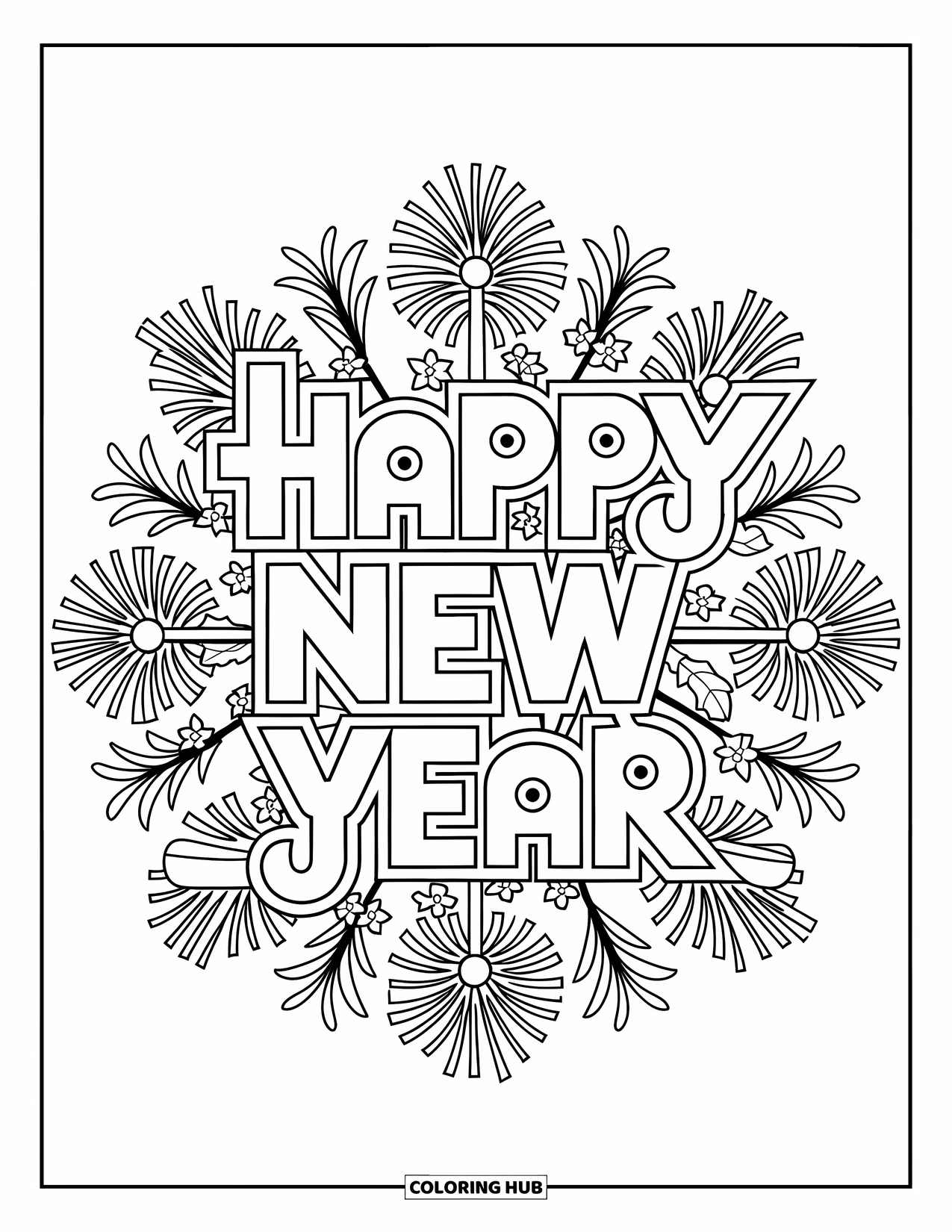 Happy New Year Coloring Page for Adults: Elegant calligraphy framed by fireworks and ivy mandala