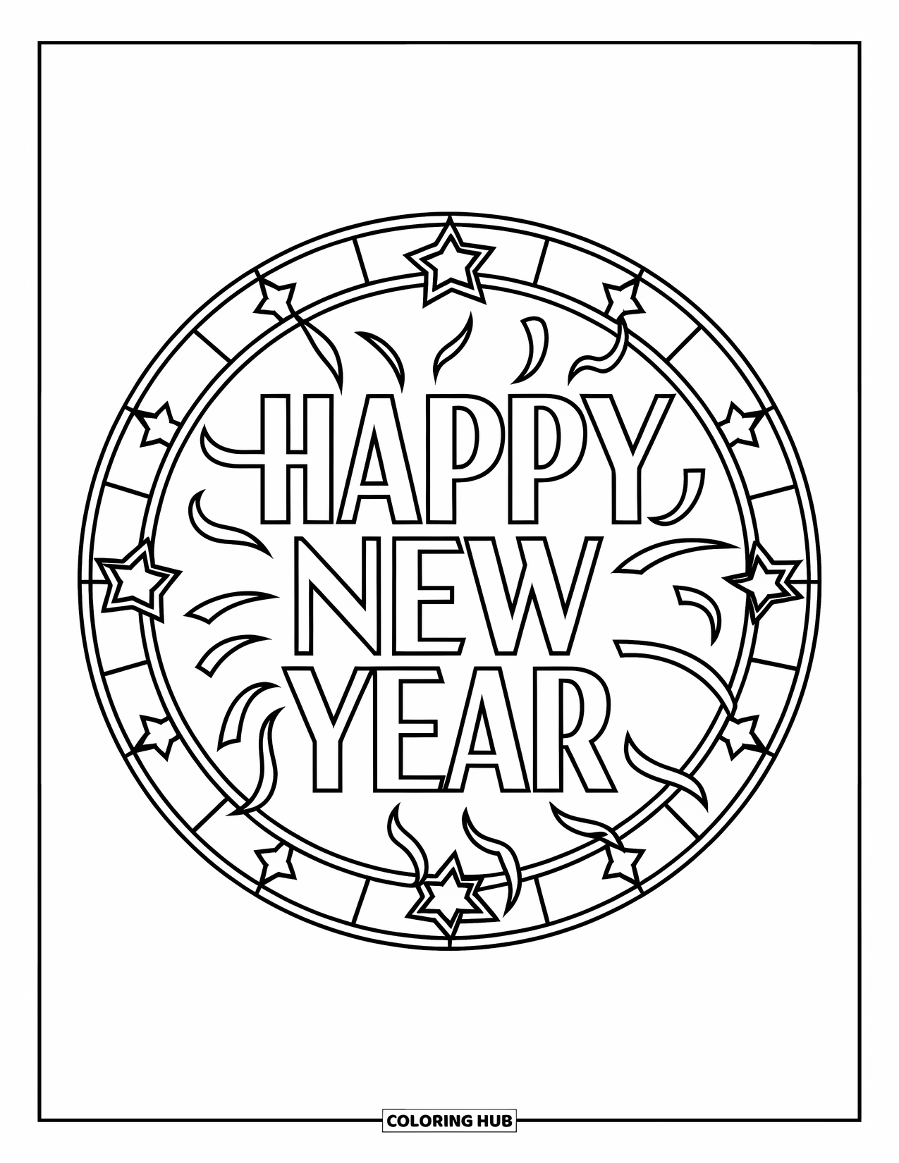 Happy New Year Coloring Page for Adults: Elegant serif text inside a round frame of stars and streamers