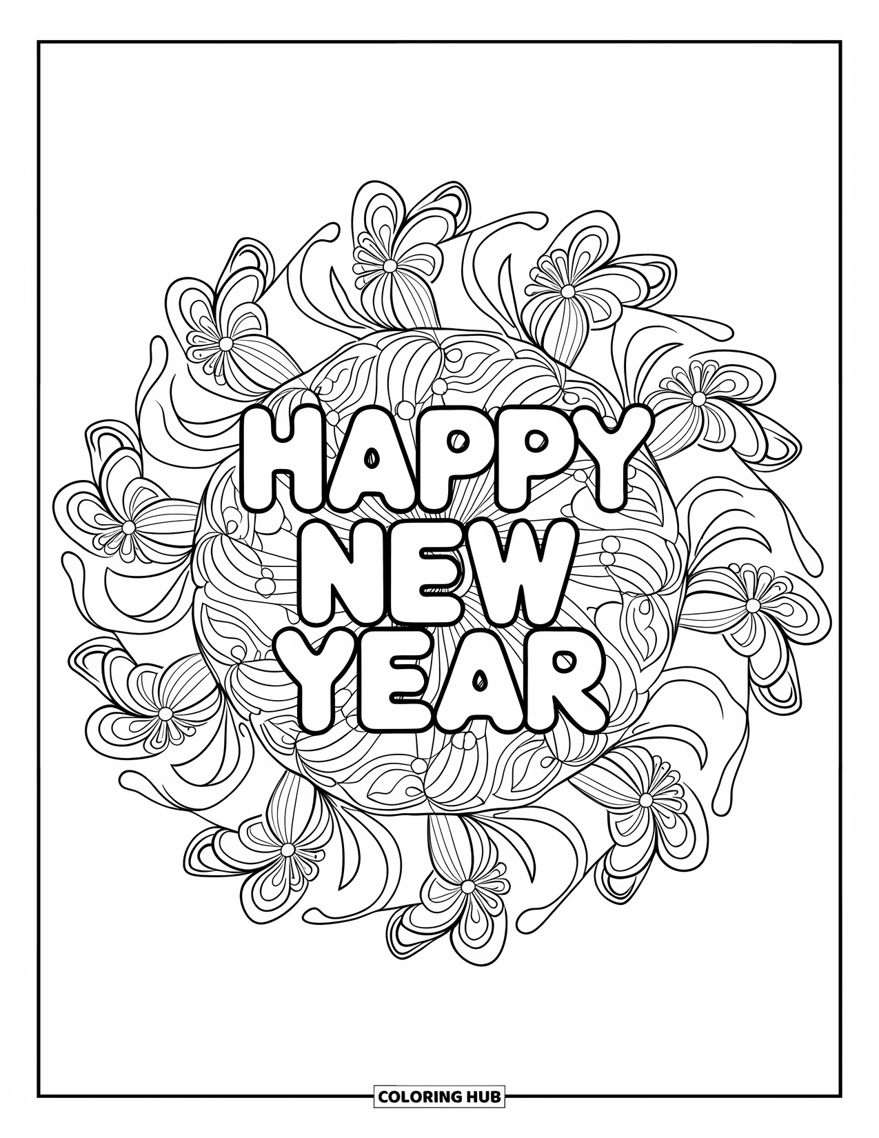 Happy New Year Coloring Page for Adults: "Happy New Year" atop a mandala of confetti and blooms