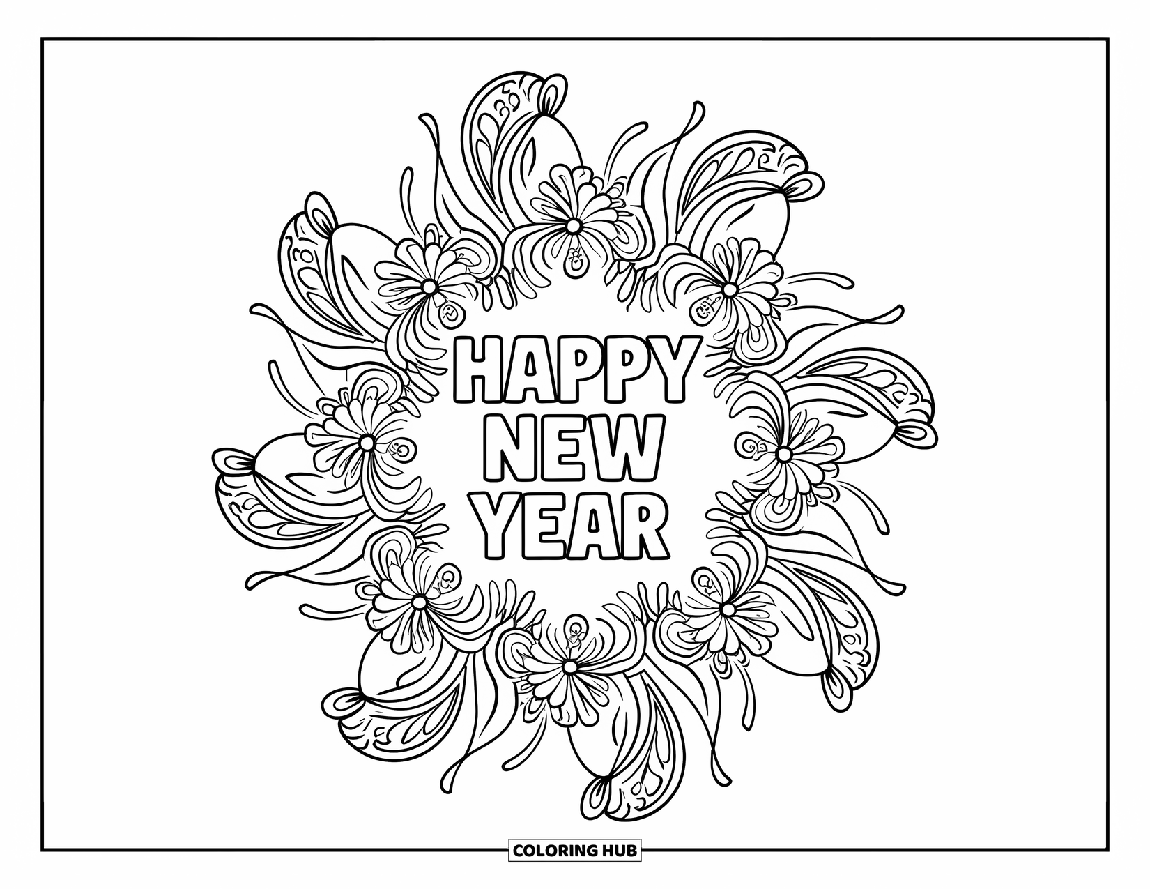 Happy New Year Coloring Page for Adults: "Happy New Year" encircled by floral mandala fireworks
