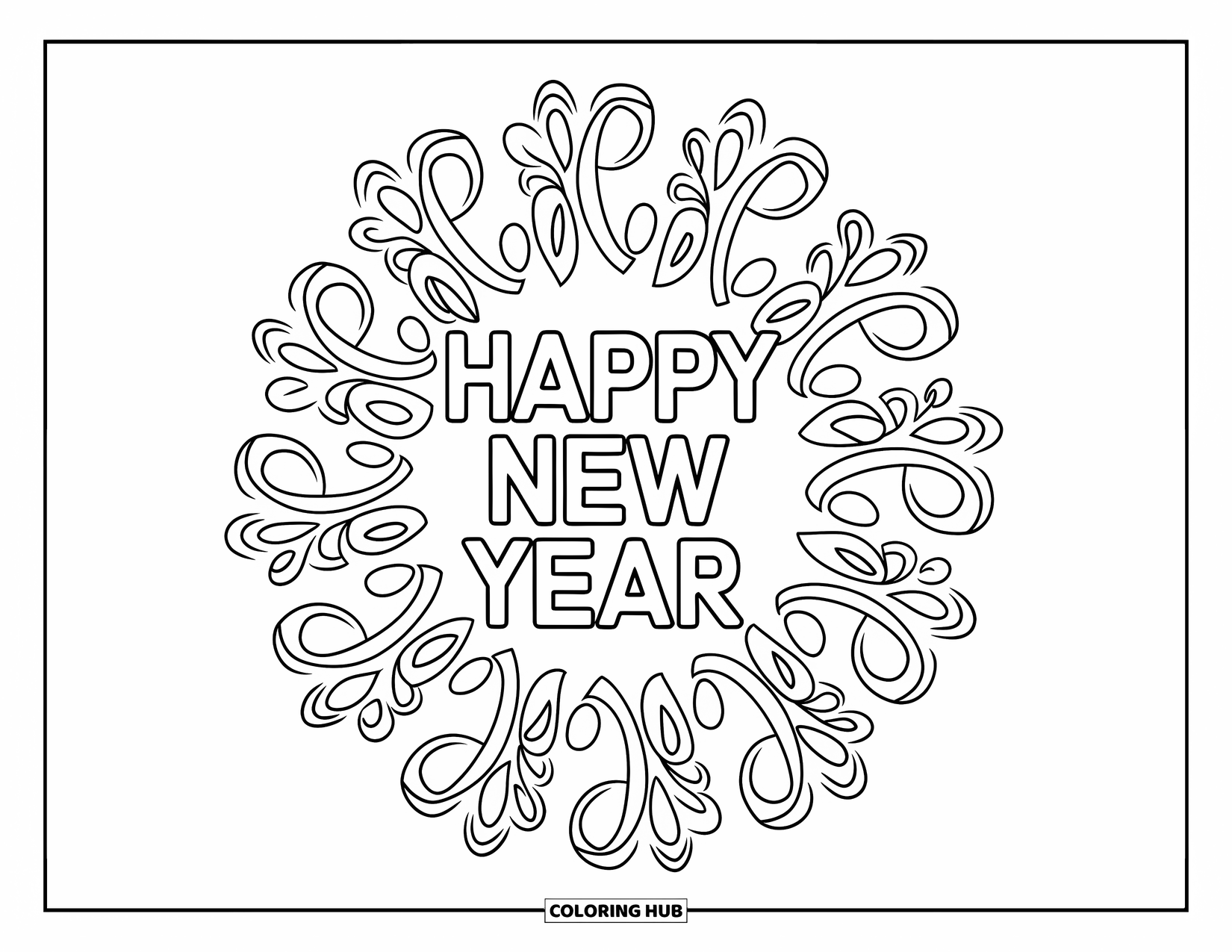Happy New Year Coloring Page for Adults: "Happy New Year" framed by intricate floral firework mandalas