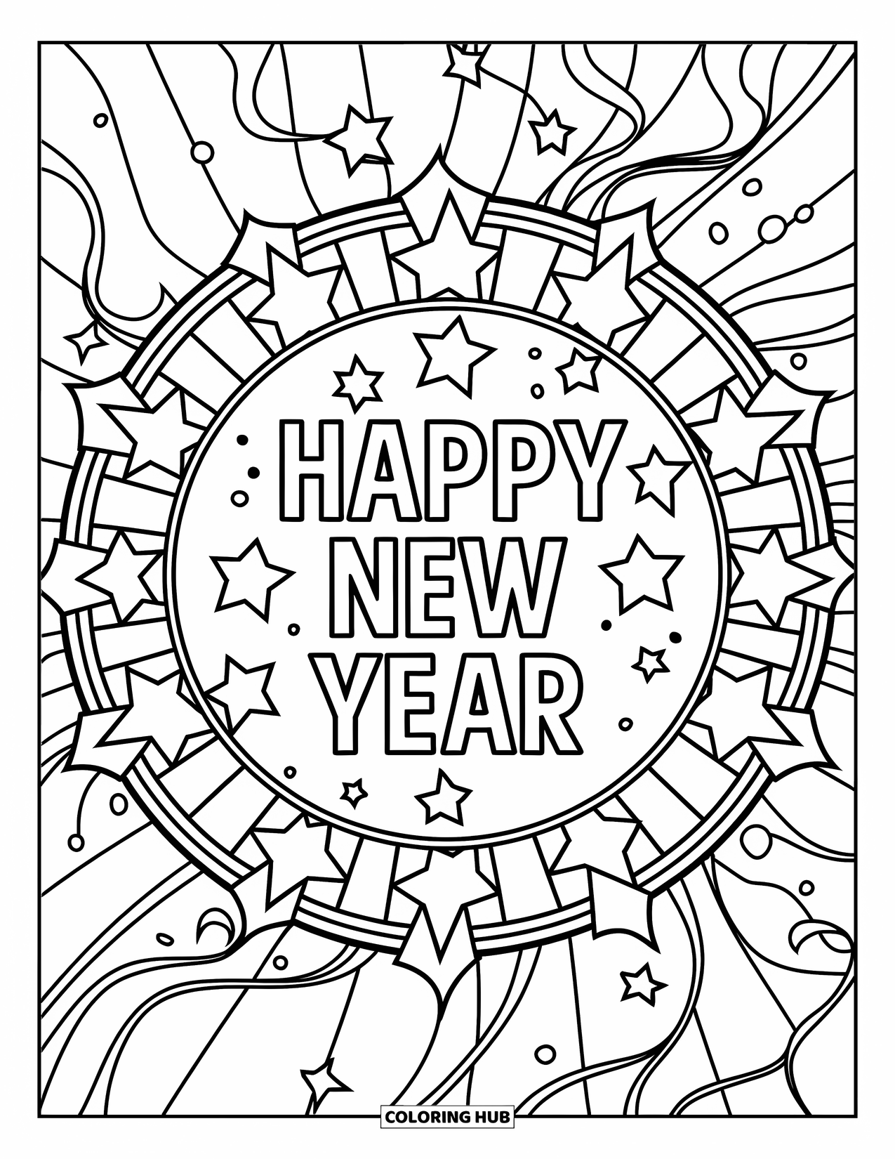 Happy New Year Coloring Page for Adults: Intricate round frame of stars and streamers with New Year message