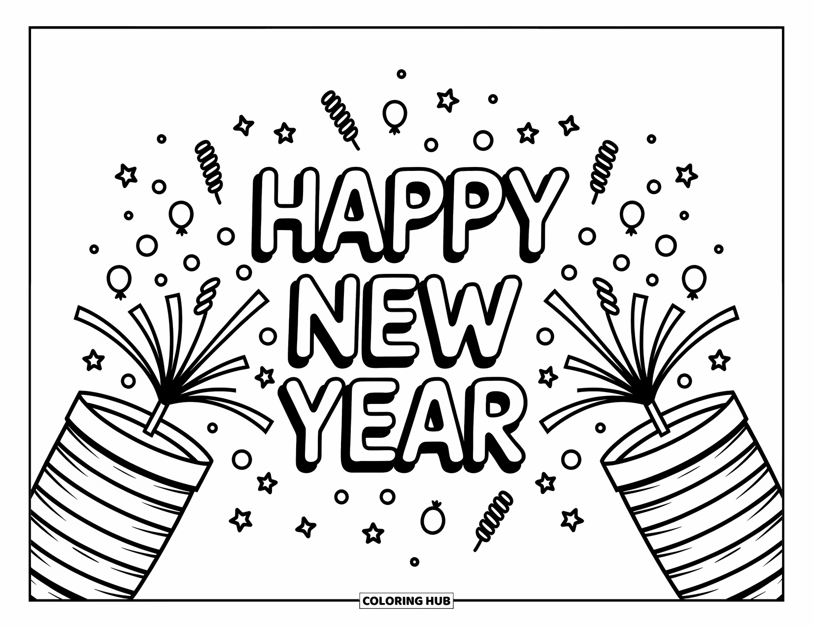 Happy New Year Coloring Page for Adults: Joyful balloons and stars frame a festive New Year greeting
