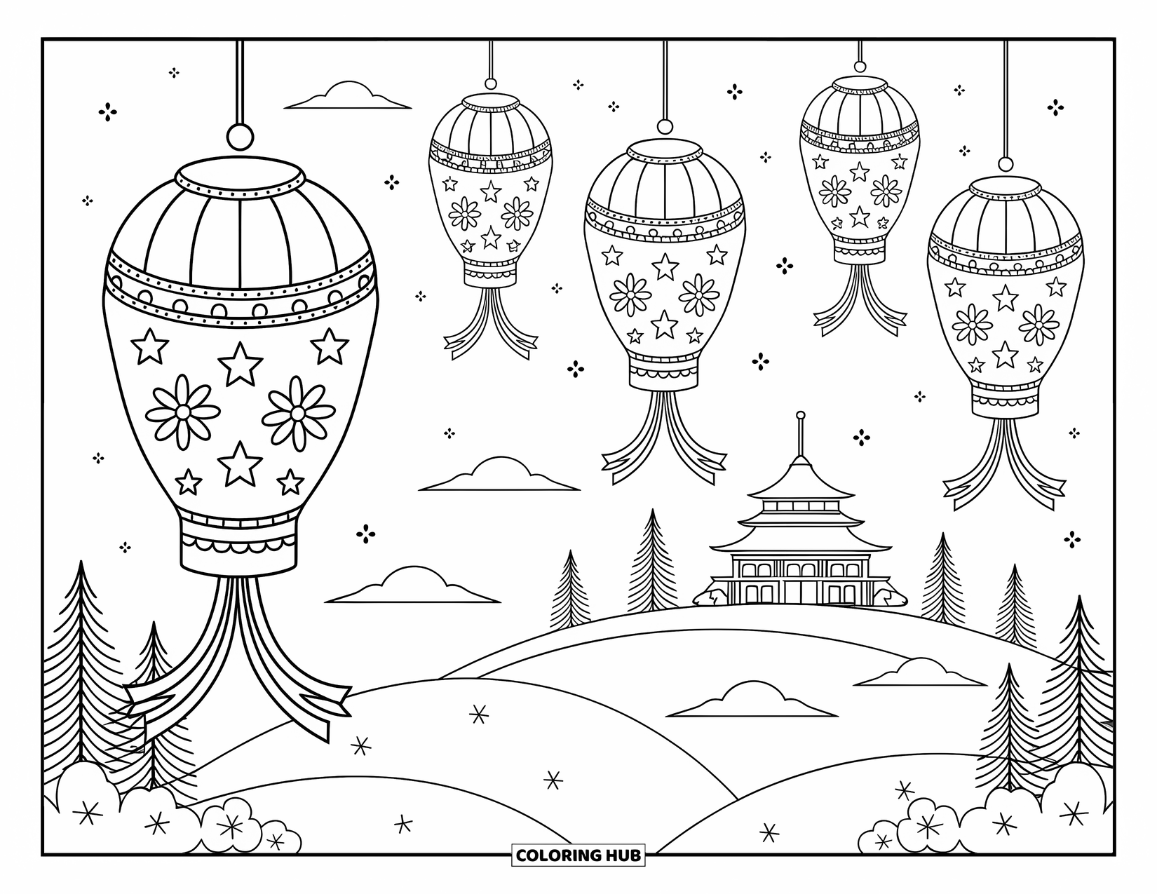 Happy New Year Coloring Page for Adults: Lanterns decorated with stars float under dotted night skies