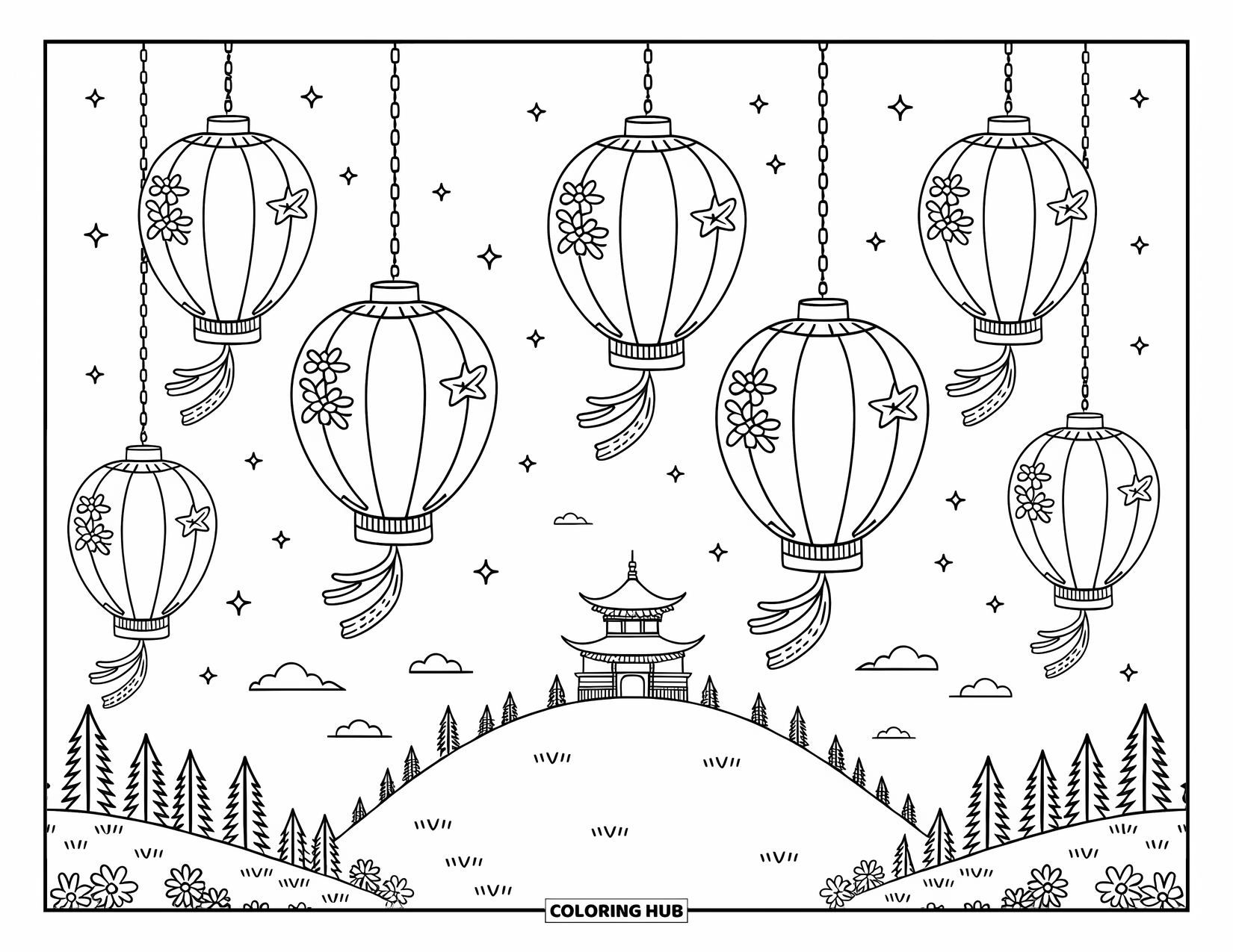 Happy New Year Coloring Page for Adults: Lanterns rise with ribbons above hills and pine trees