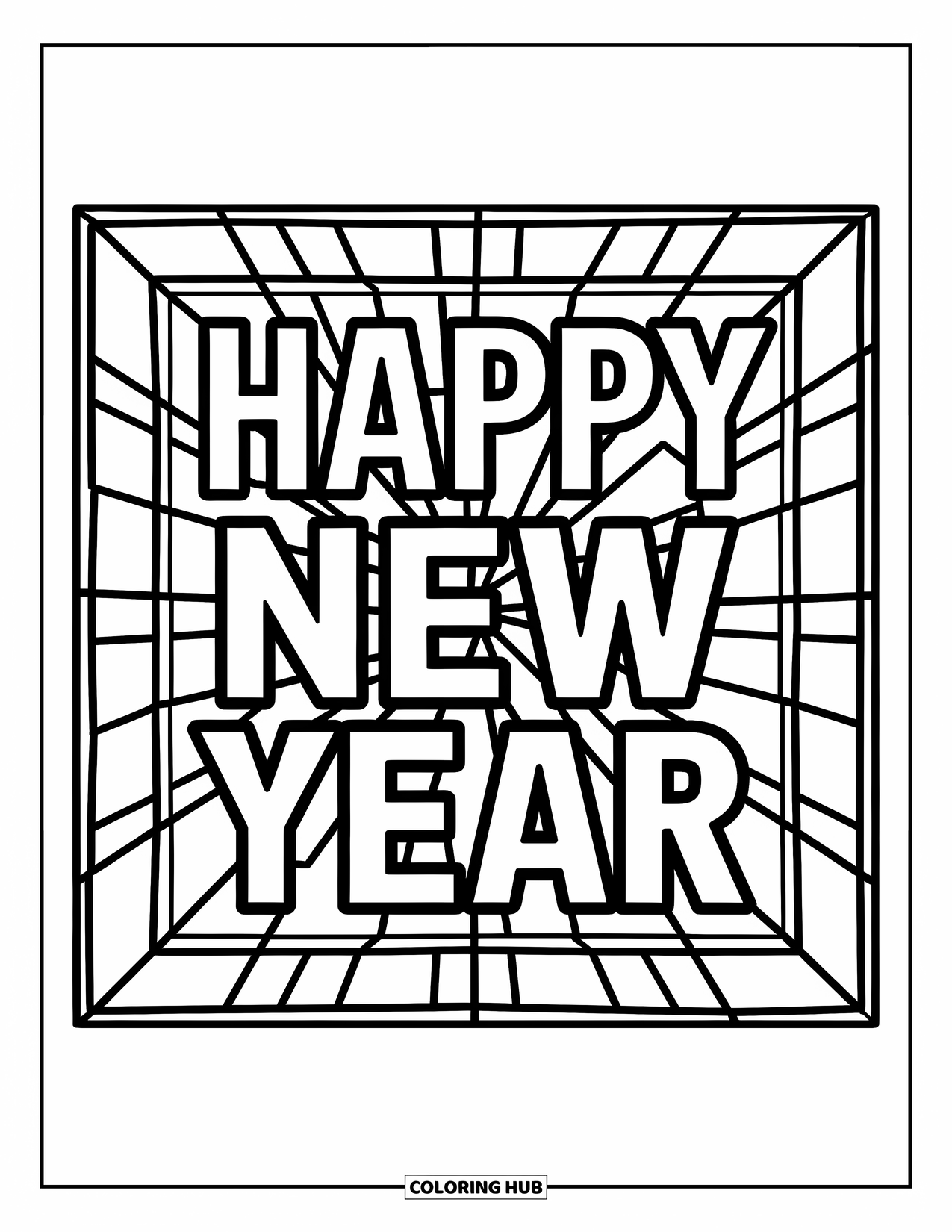 Happy New Year Coloring Page for Adults: Layered sunburst stained glass frames a festive New Year greeting