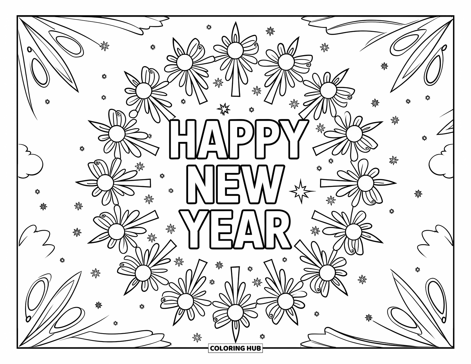 Happy New Year Coloring Page for Adults: Mandala fireworks surround a festive "Happy New Year" greeting