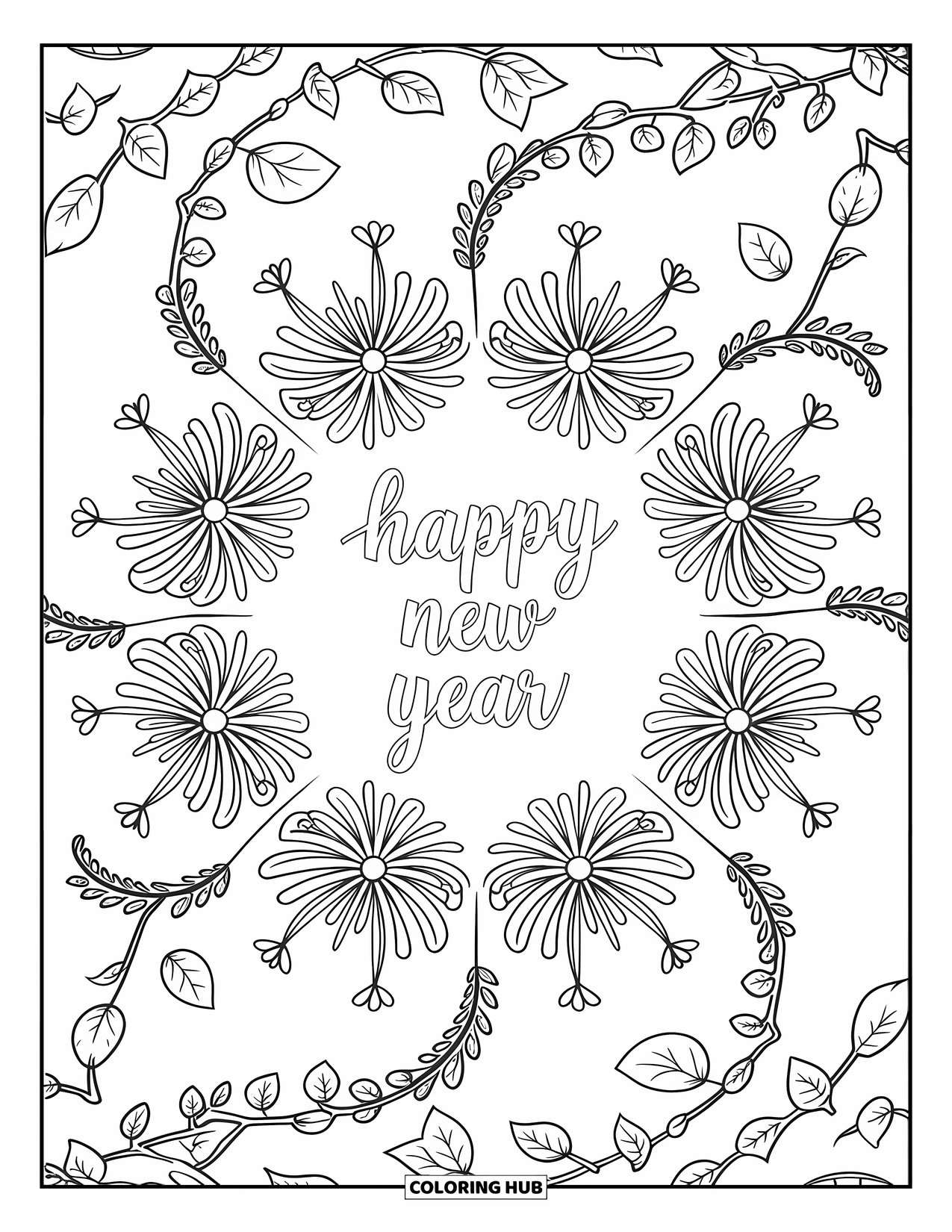 Happy New Year Coloring Page for Adults: New Year greeting encircled by fireworks and ivy in mandala style