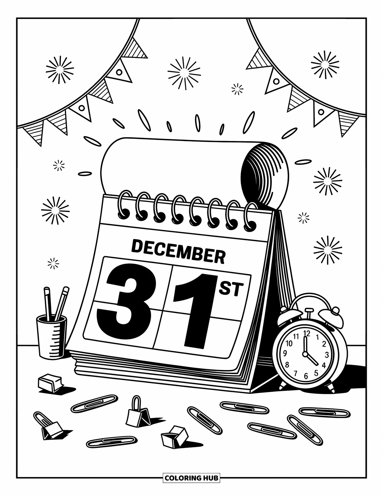 Happy New Year Coloring Page for Adults: Page turns to January 1 with festive confetti and streamers