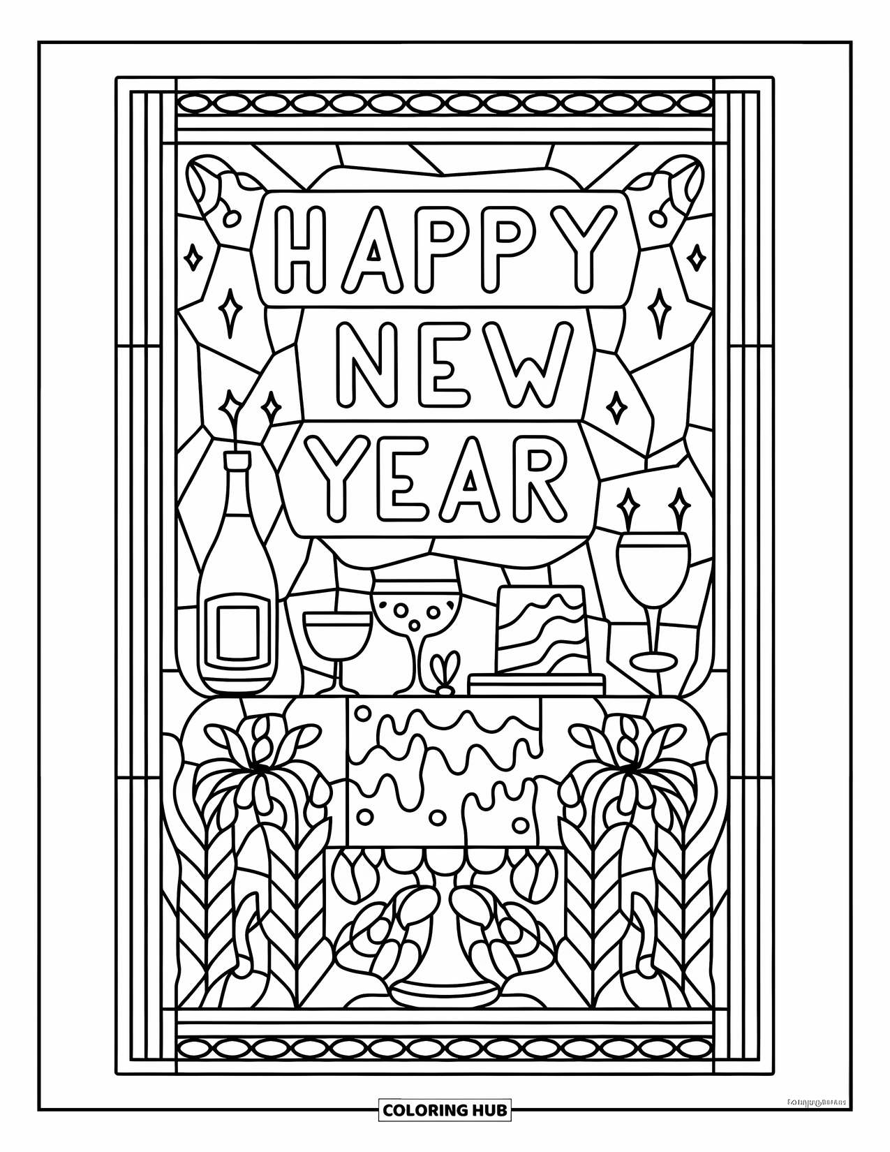 Happy New Year Coloring Page for Adults: Party-themed stained glass panel featuring "Happy New Year" text