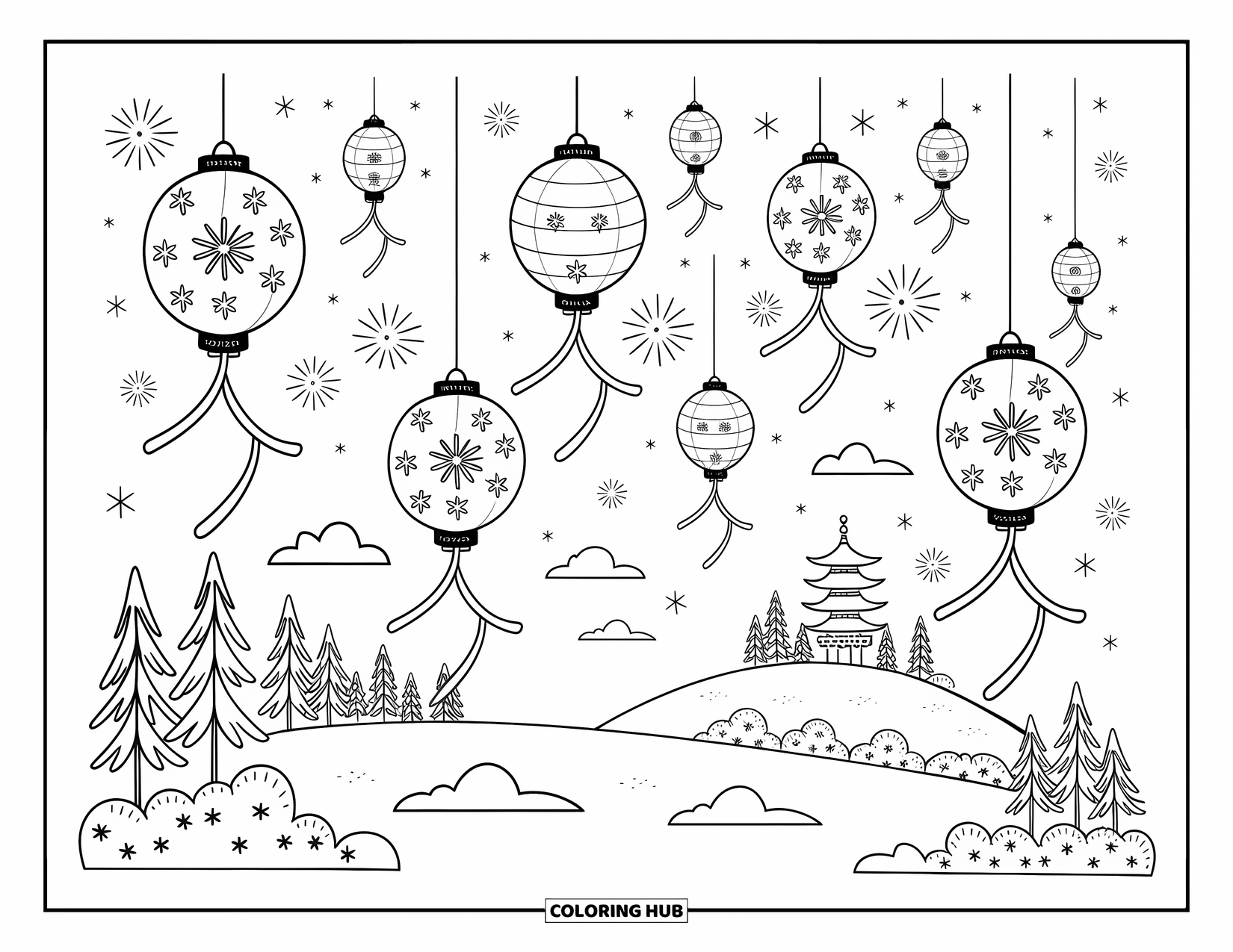 Happy New Year Coloring Page for Adults: Patterned lanterns drift over a distant pagoda and trees