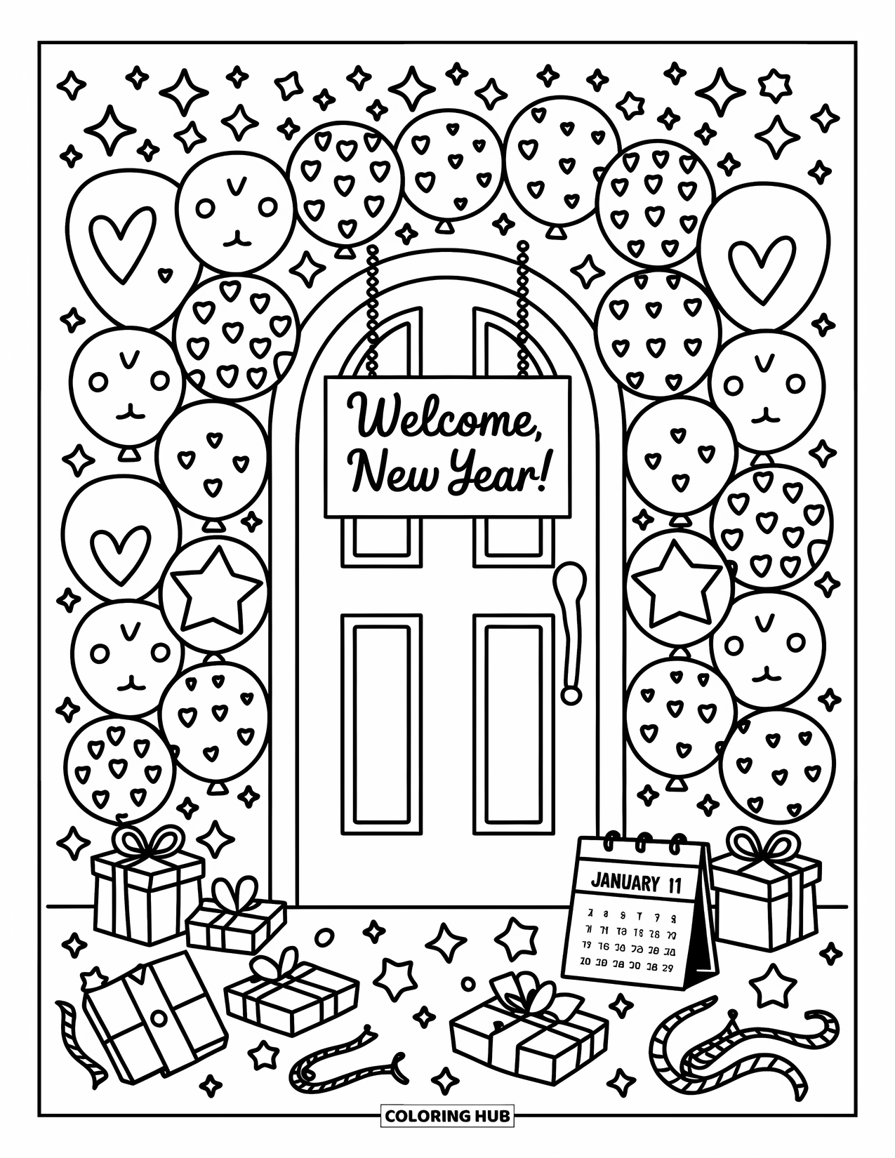 Happy New Year Coloring Page for Adults: Playful balloon arch welcomes the new year with confetti