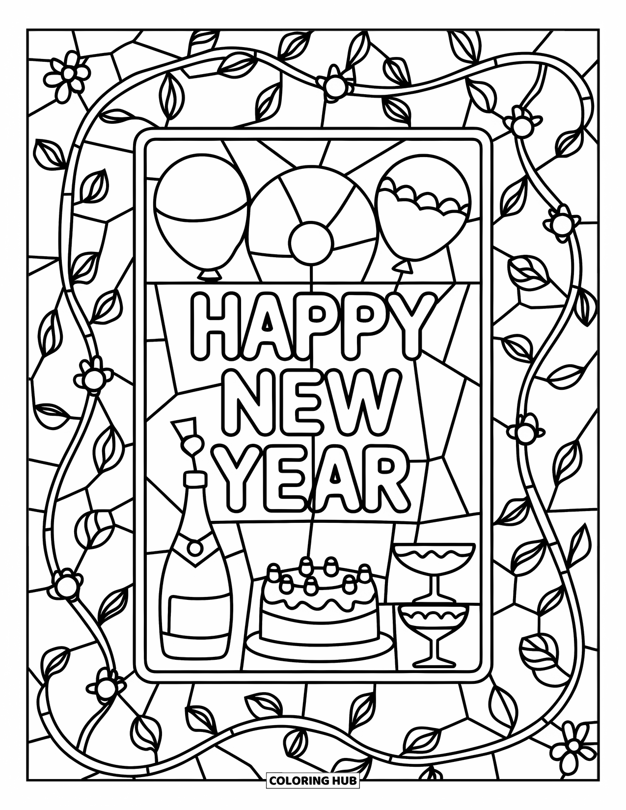 Happy New Year Coloring Page for Adults: Rectangular stained glass panel with "Happy New Year" and party items