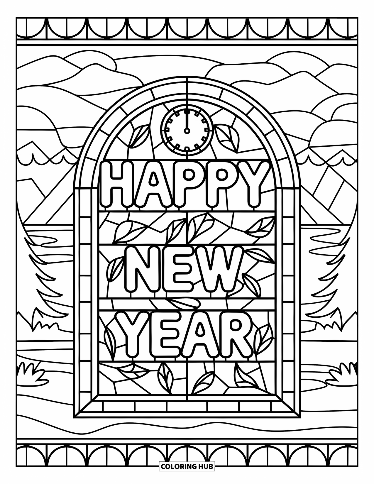Happy New Year Coloring Page for Adults: Stained glass window with "Happy New Year" and clocks