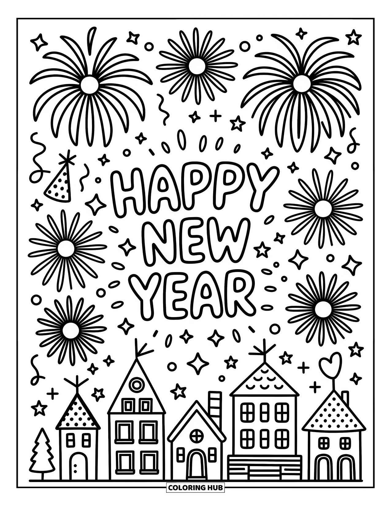 Happy New Year Coloring Page for Adults: Stars and hats surround bubbly "Happy New Year" above rooftops